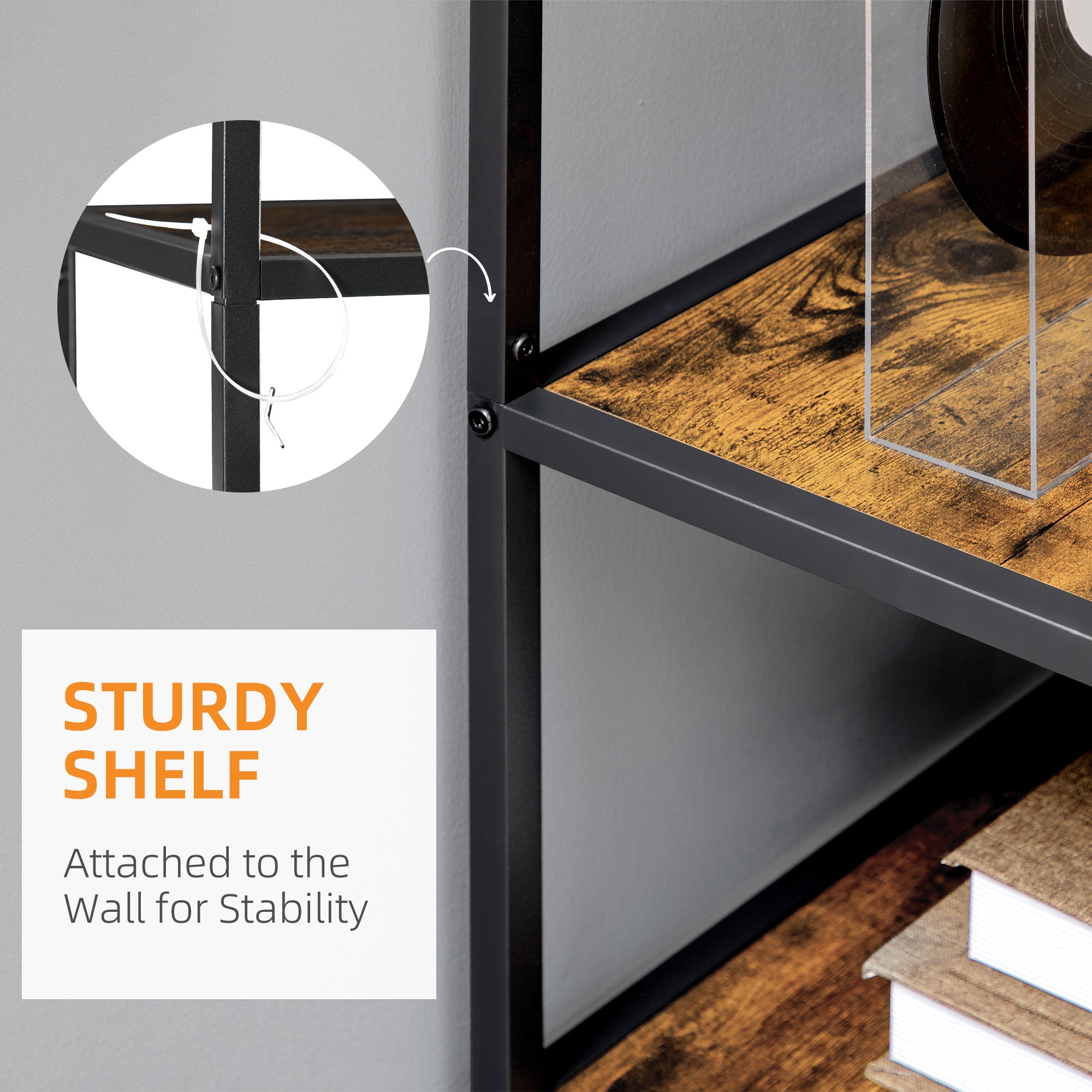 HOMCOM 7 Tier Ladder Shelf, Industrial Book Shelf, Metal Shelving Unit for Living Room, Study, Bedroom, Rustic Brown
