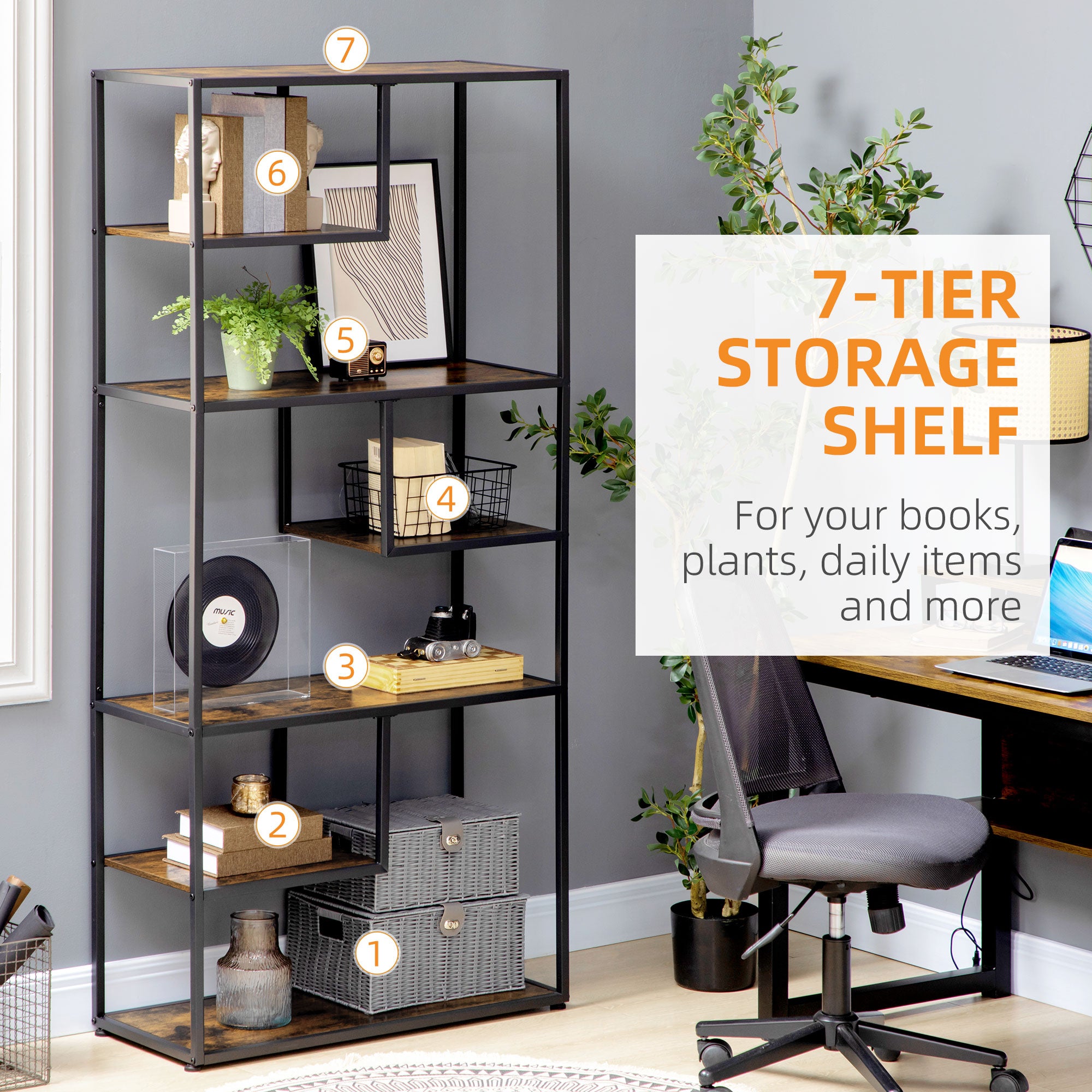 HOMCOM 7 Tier Ladder Shelf, Industrial Book Shelf, Metal Shelving Unit for Living Room, Study, Bedroom, Rustic Brown
