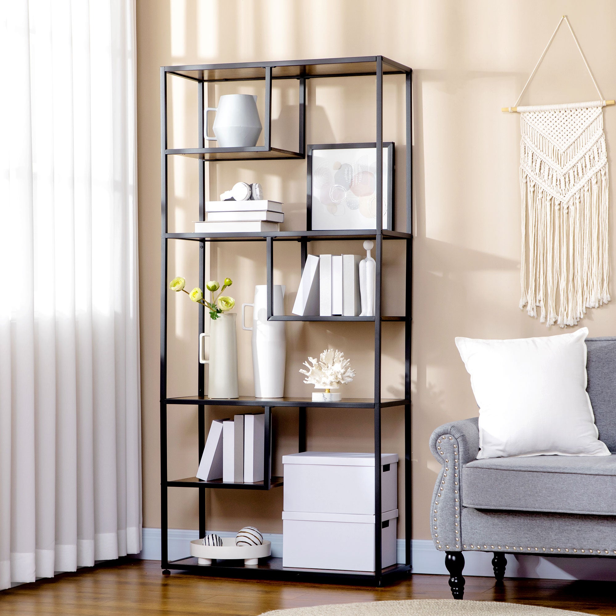 HOMCOM 7 Tier Ladder Shelf, Industrial Book Shelf, Metal Shelving Unit for Living Room, Study, Bedroom, Rustic Brown