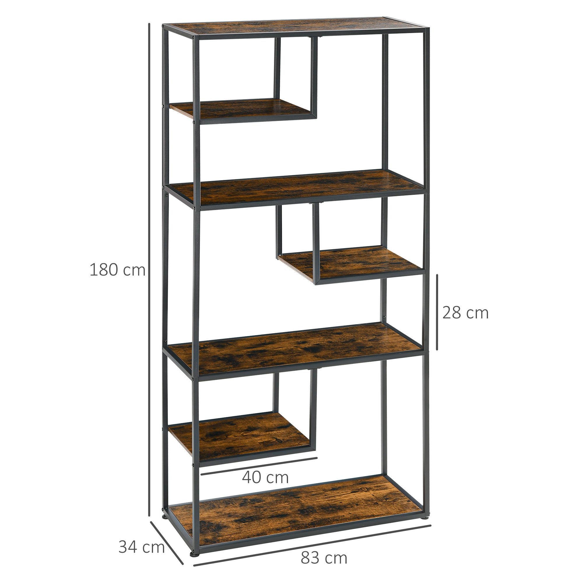 HOMCOM 7 Tier Ladder Shelf, Industrial Book Shelf, Metal Shelving Unit for Living Room, Study, Bedroom, Rustic Brown