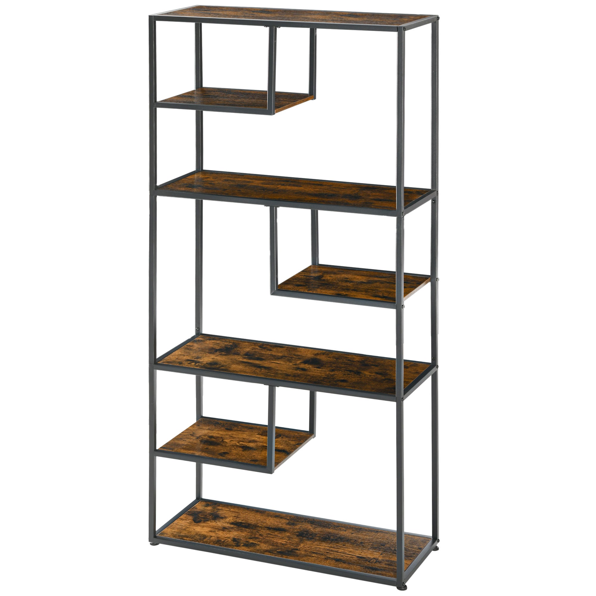 HOMCOM 7 Tier Ladder Shelf, Industrial Book Shelf, Metal Shelving Unit for Living Room, Study, Bedroom, Rustic Brown