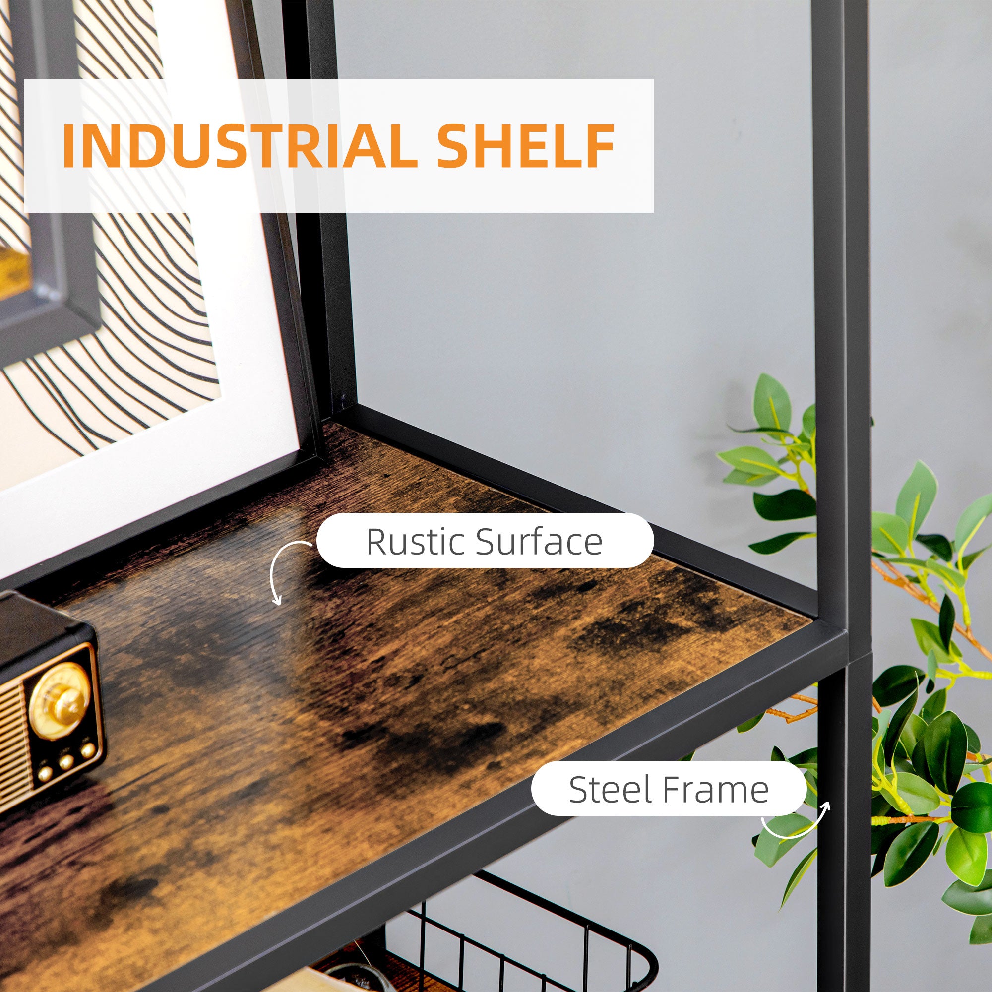 HOMCOM 7 Tier Ladder Shelf, Industrial Book Shelf, Metal Shelving Unit for Living Room, Study, Bedroom, Rustic Brown
