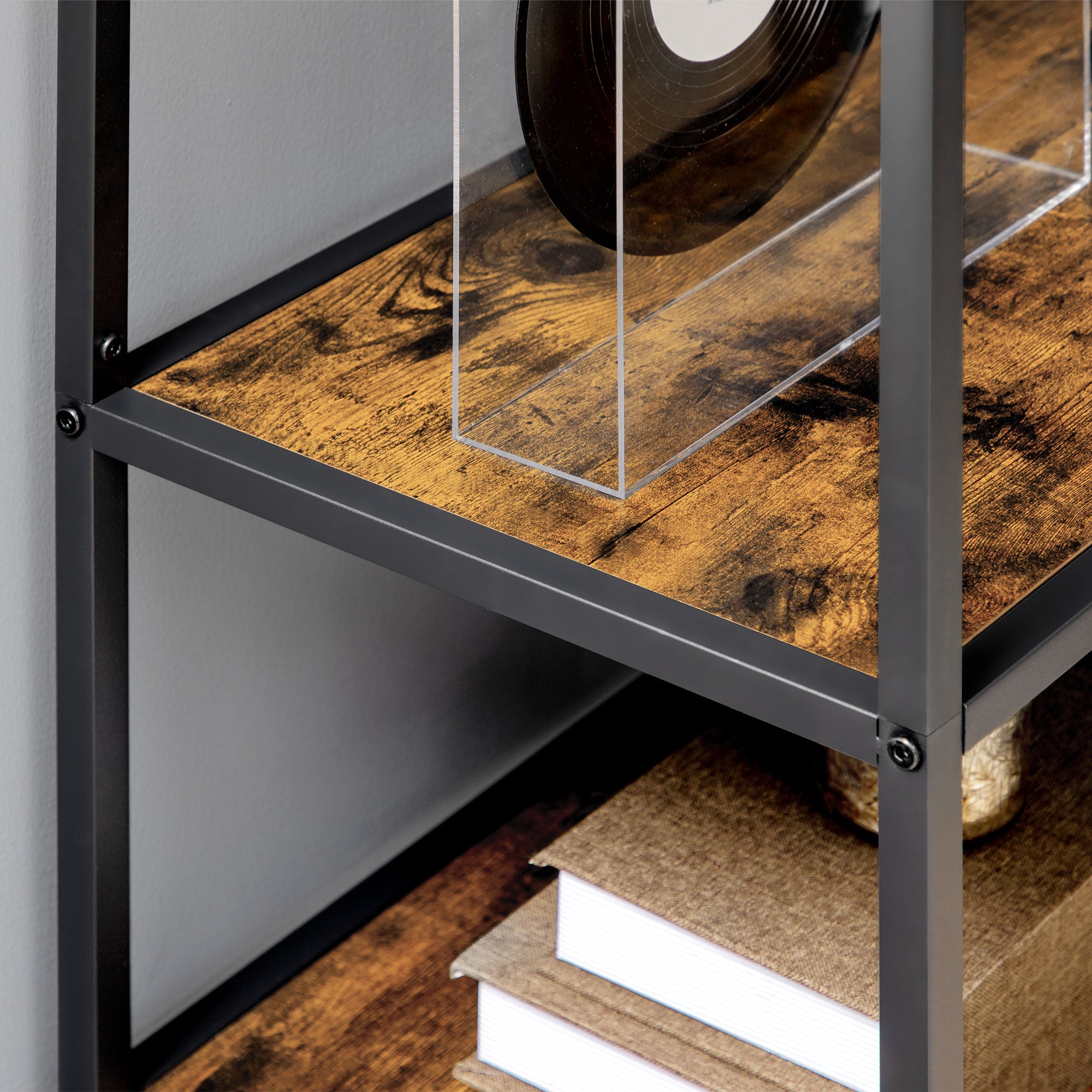 HOMCOM 7 Tier Ladder Shelf, Industrial Book Shelf, Metal Shelving Unit for Living Room, Study, Bedroom, Rustic Brown