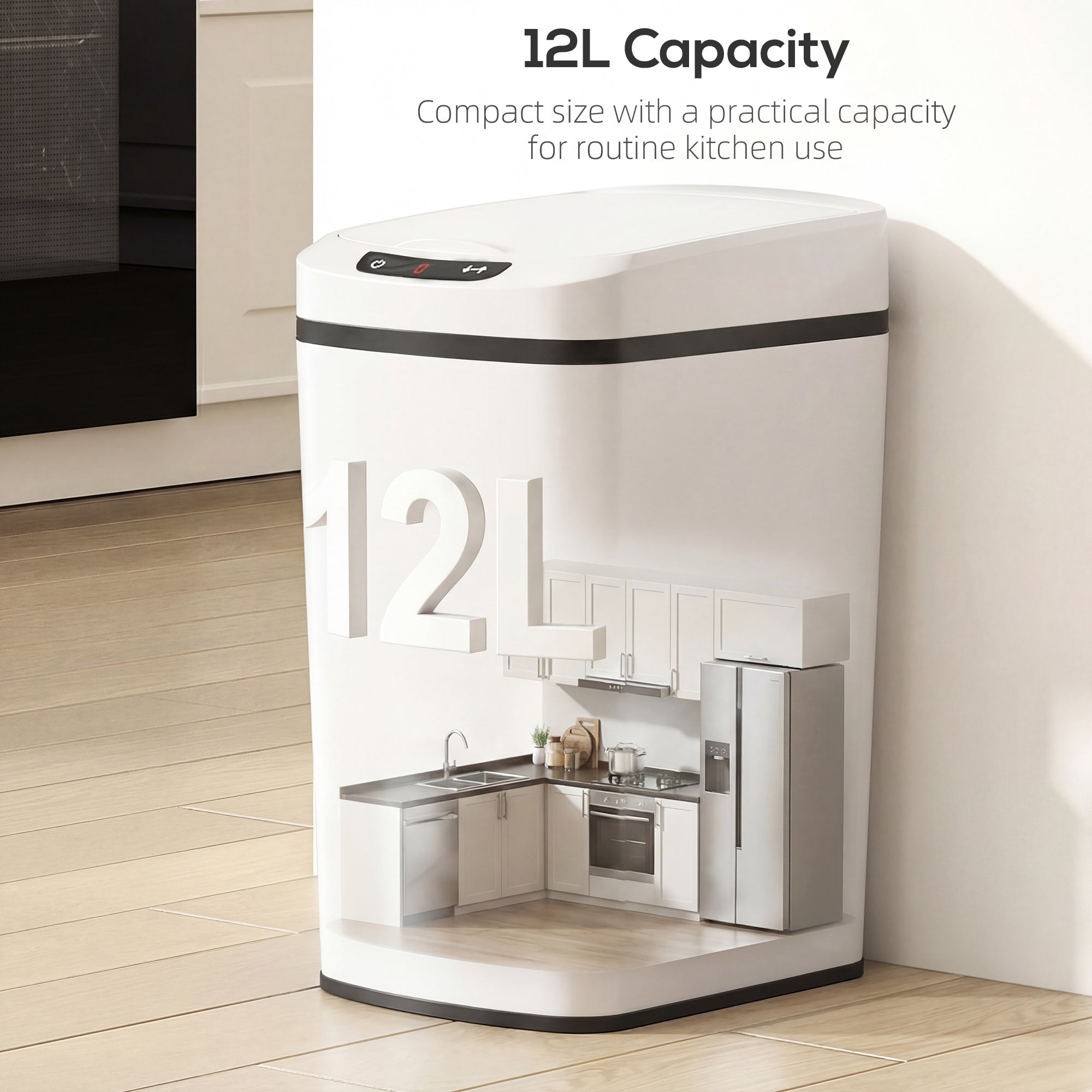 12L Sensor Bin, Automatic Touchless Motion Sensor Kitchen Bin, Compact Trash Can with Fingerprint Resistant Stainless Steel for Hygienic Gyms, Home Office Use, White