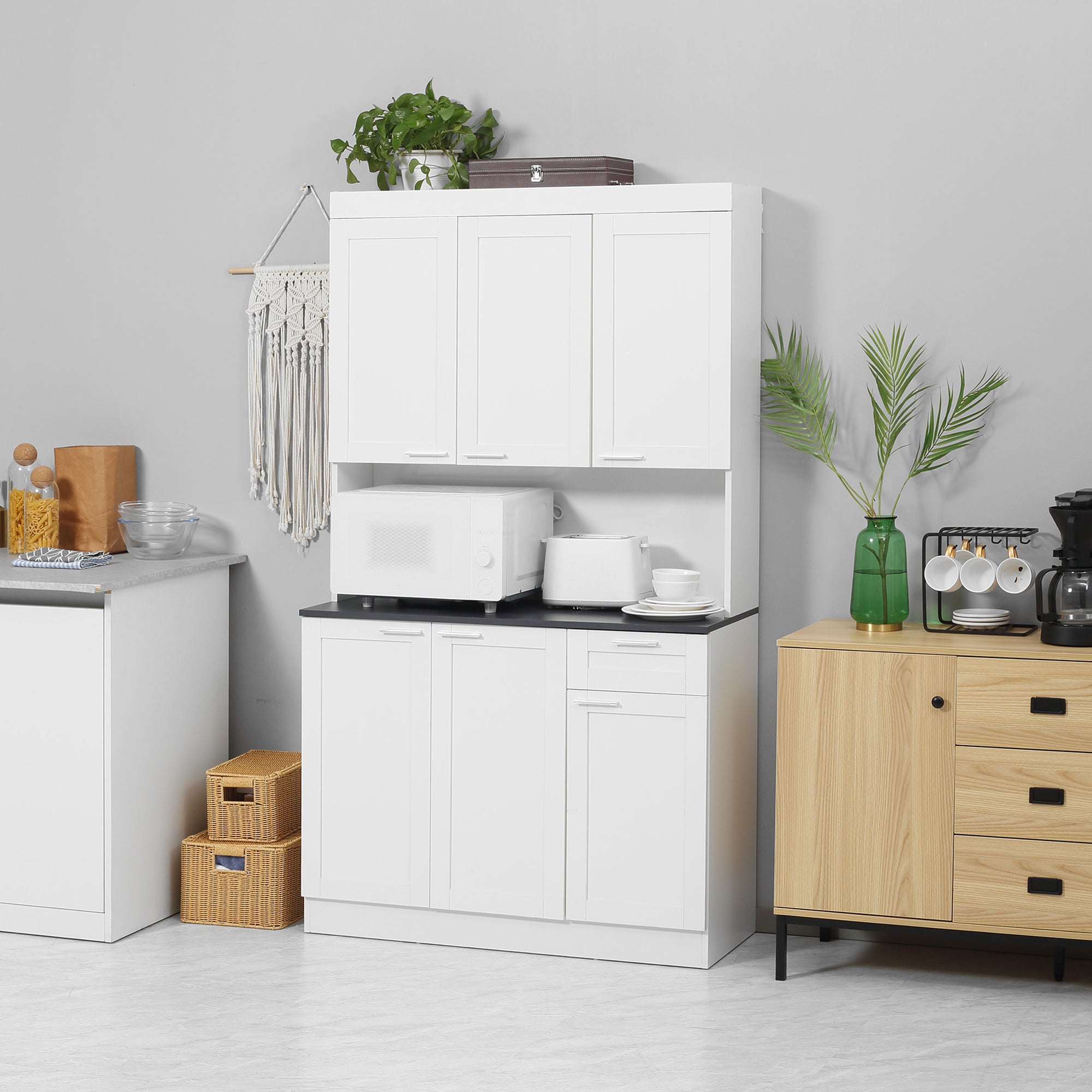 HOMCOM Pantry Storage Cabinet, Kitchen Hutch with Microwave Oven Countertop, Drawer, Adjustable Shelves, Cable Management, High Gloss White