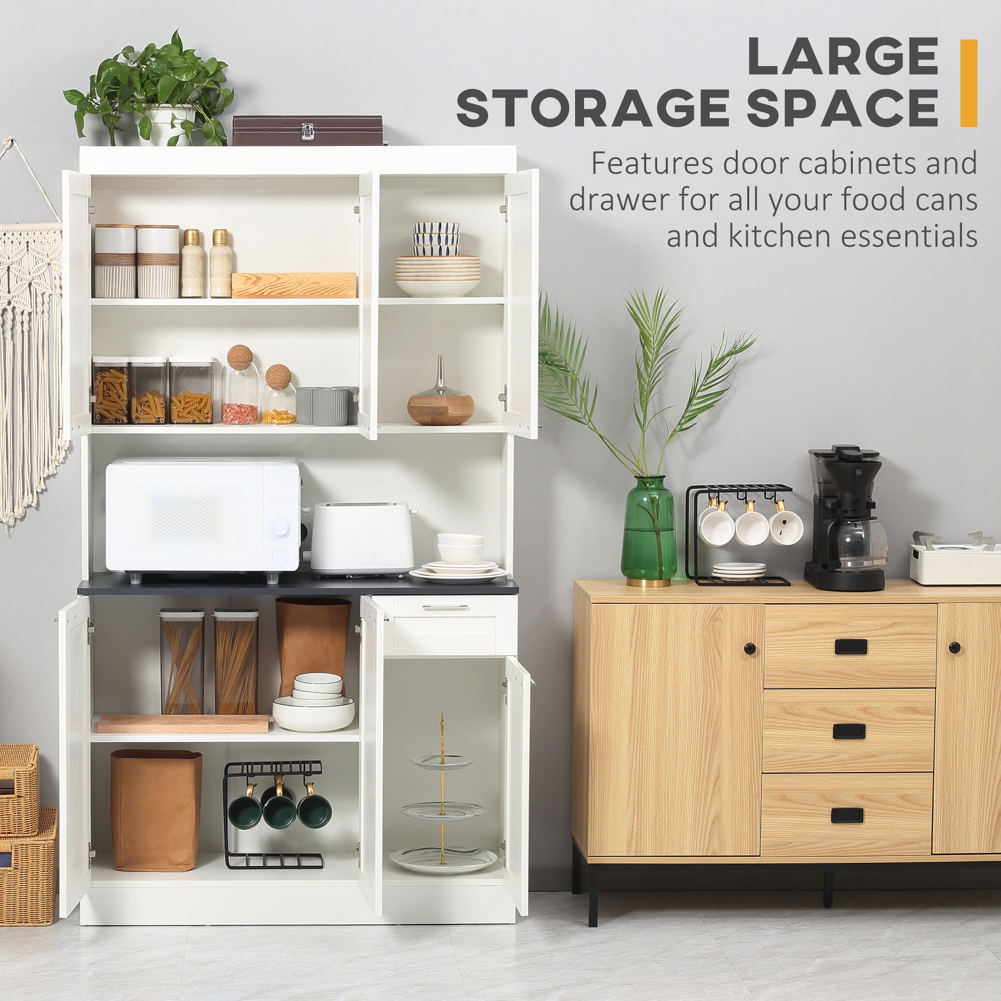 HOMCOM Pantry Storage Cabinet, Kitchen Hutch with Microwave Oven Countertop, Drawer, Adjustable Shelves, Cable Management, High Gloss White