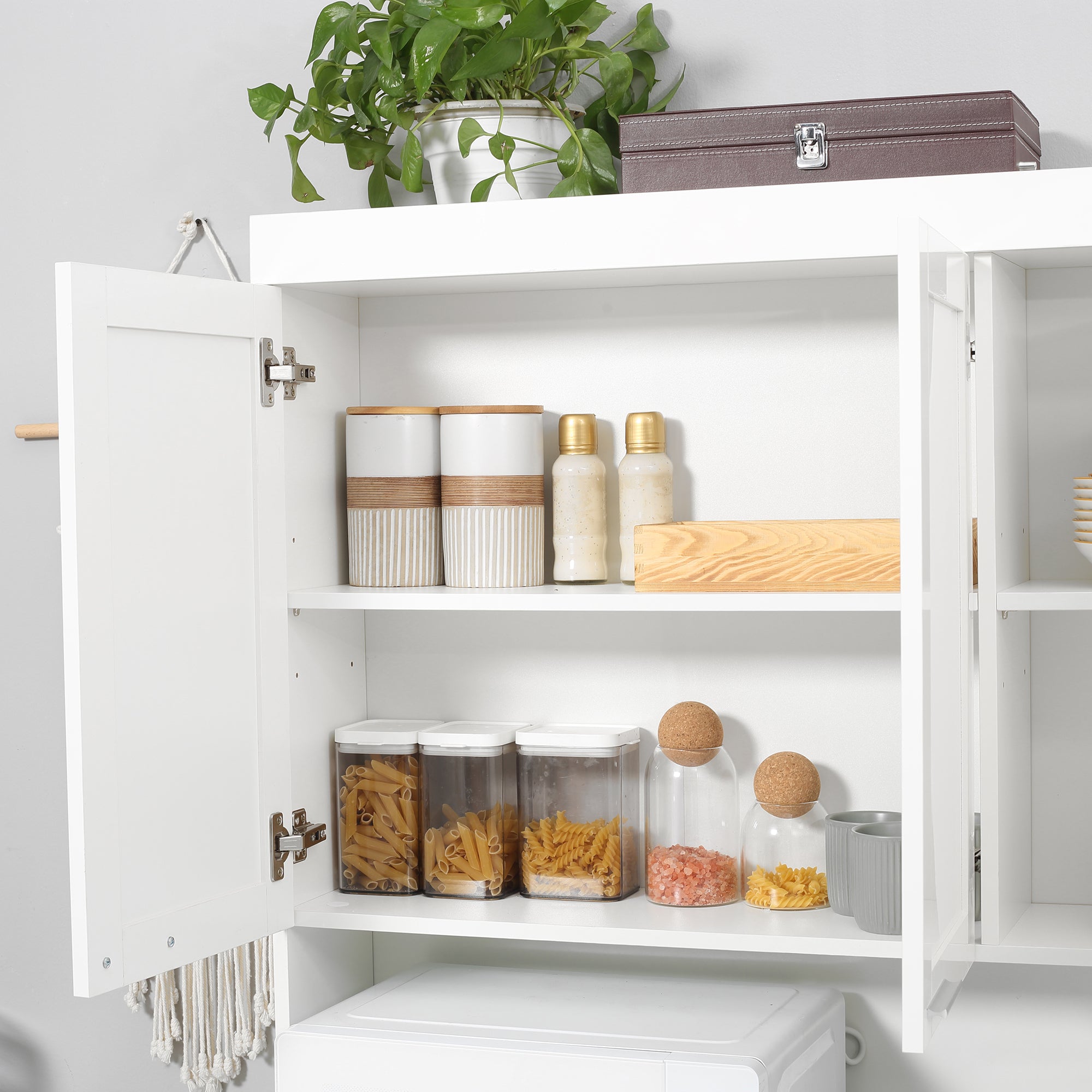 HOMCOM Pantry Storage Cabinet, Kitchen Hutch with Microwave Oven Countertop, Drawer, Adjustable Shelves, Cable Management, High Gloss White