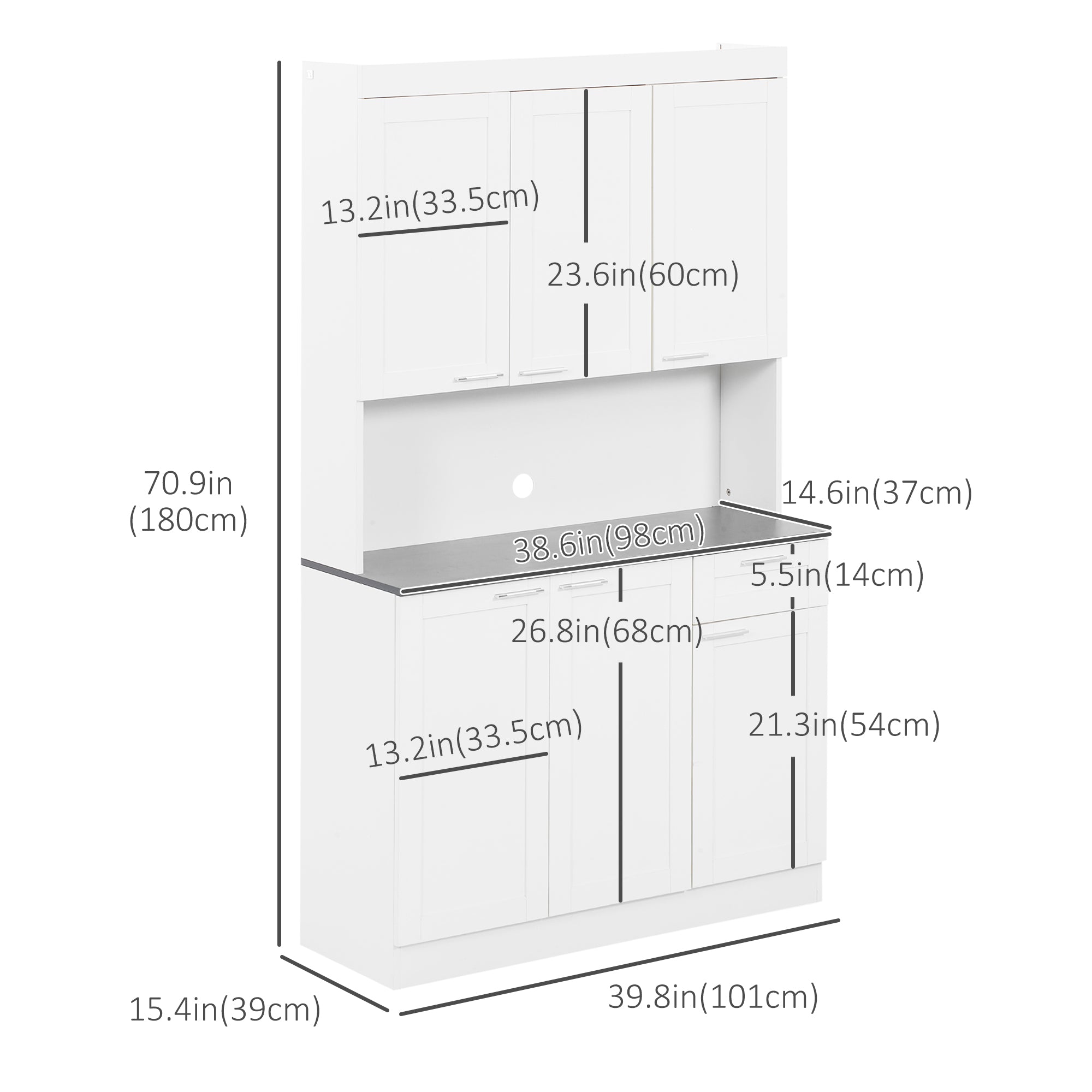 HOMCOM Pantry Storage Cabinet, Kitchen Hutch with Microwave Oven Countertop, Drawer, Adjustable Shelves, Cable Management, High Gloss White