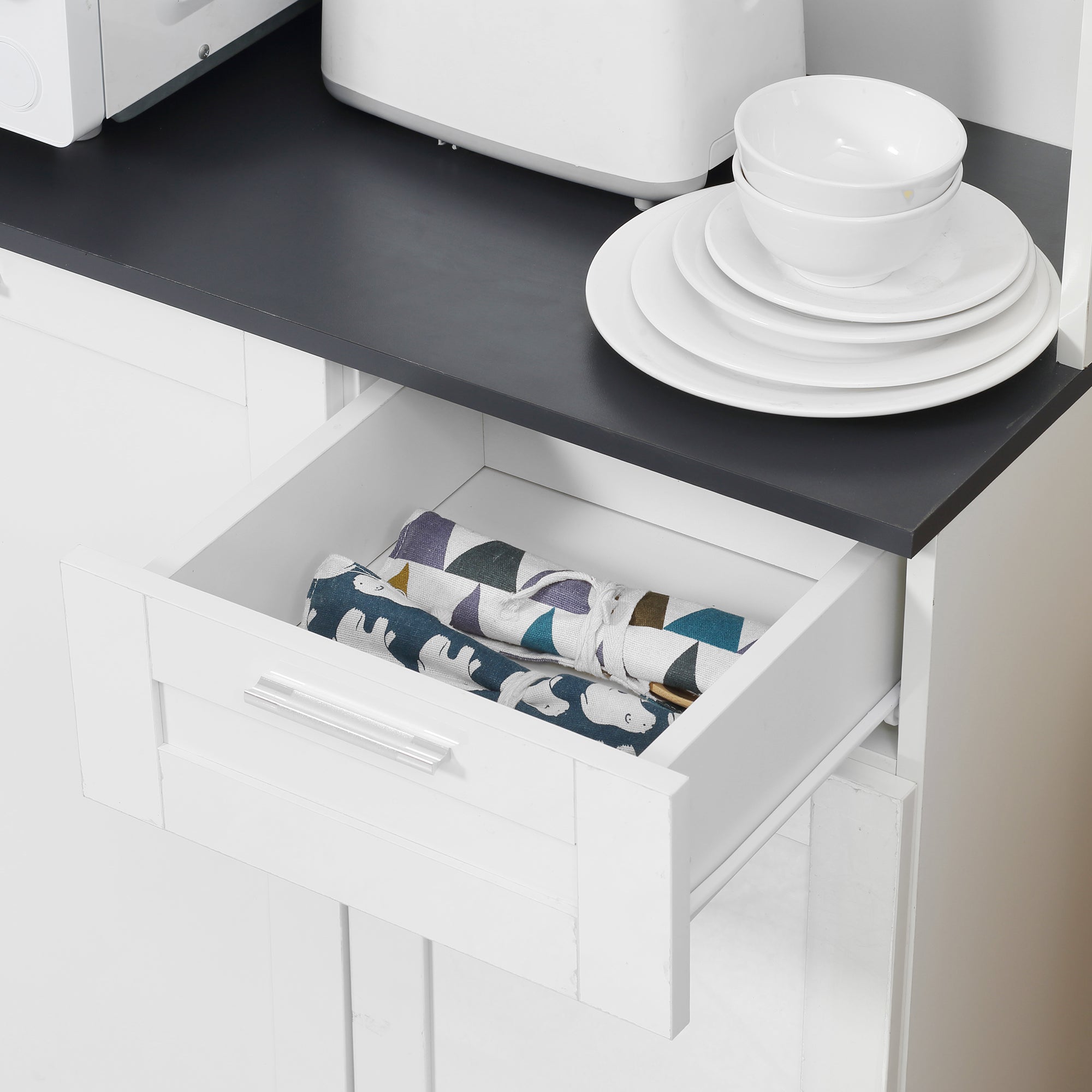 HOMCOM Pantry Storage Cabinet, Kitchen Hutch with Microwave Oven Countertop, Drawer, Adjustable Shelves, Cable Management, High Gloss White