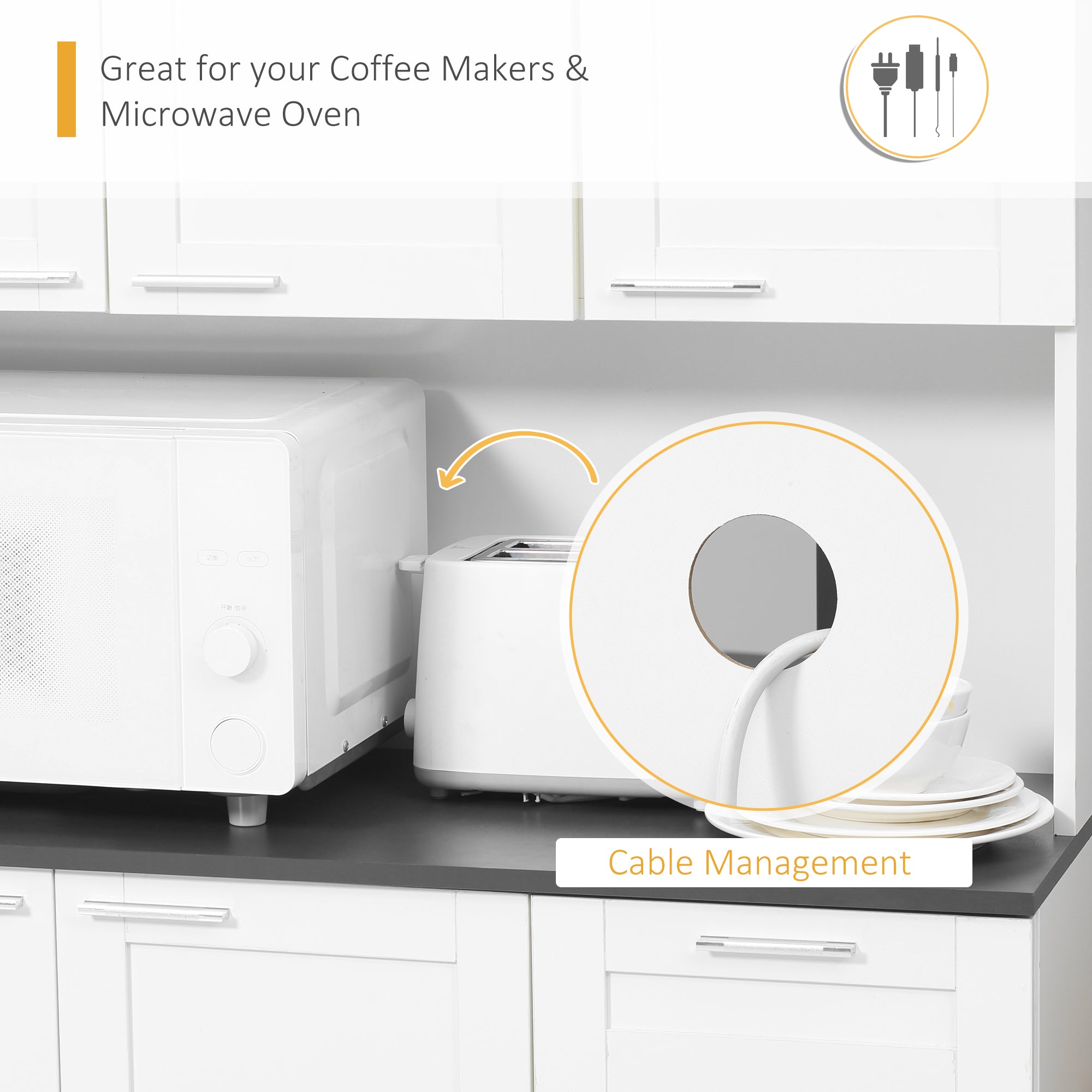 HOMCOM Pantry Storage Cabinet, Kitchen Hutch with Microwave Oven Countertop, Drawer, Adjustable Shelves, Cable Management, High Gloss White