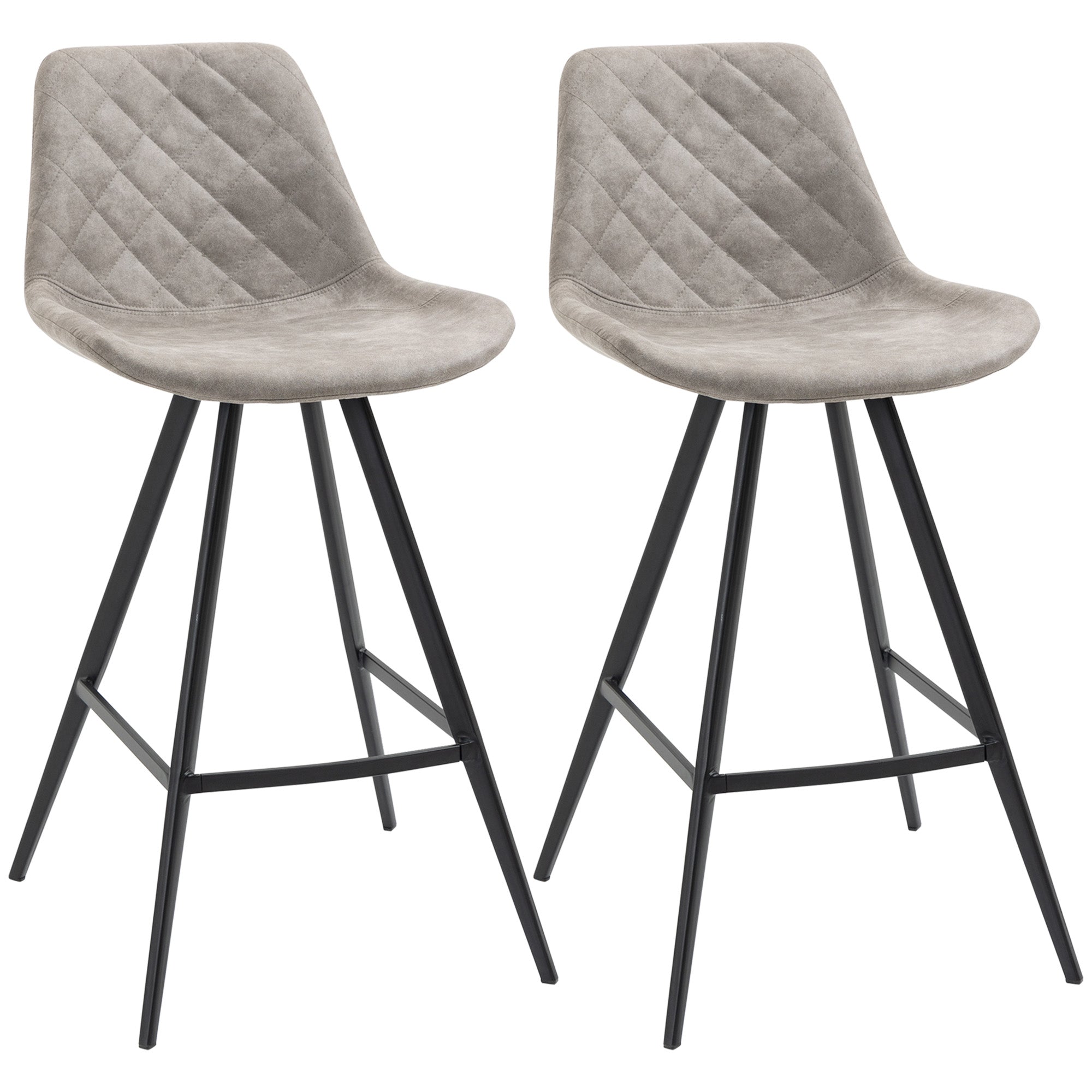 HOMCOM Set Of 2 Bar Stools Vintage Microfiber Cloth Tub Seats Padded Comfortable Steel Frame Footrest Quilted Home Bar Cafe Kitchen Chair Stylish Grey