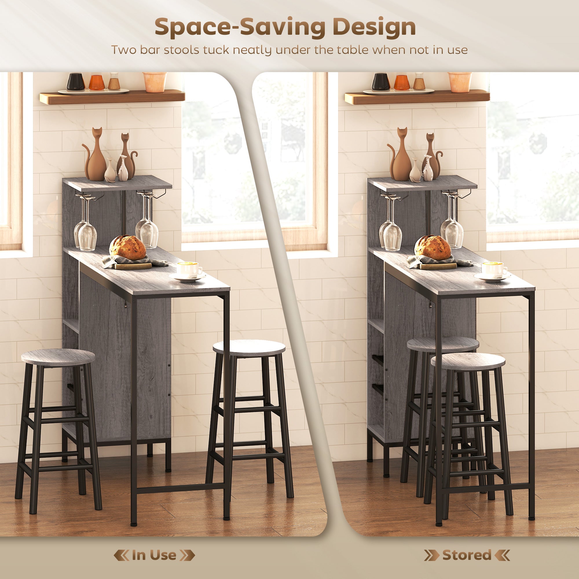 3 Pieces Dining Room Set, 6-Tier Dining Table with Storage Shelves, Wine Racks, Glass Holders, 2 Round Stools with Footrest, for Small Spaces, Kitchen, Dining Room, Natural Wood Finish