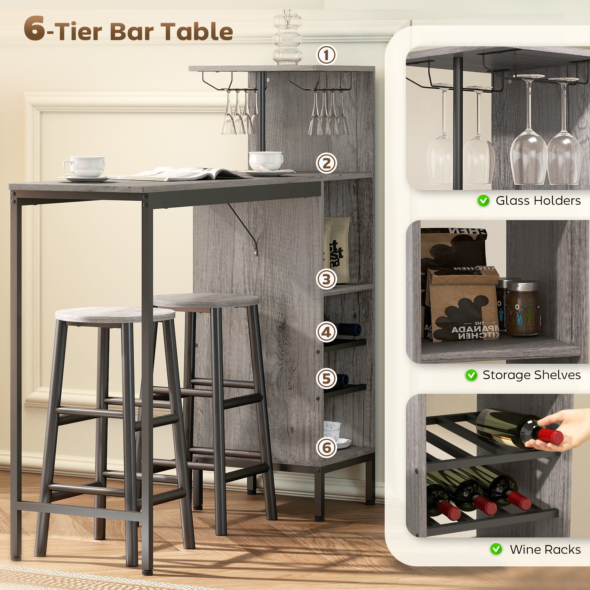 3 Pieces Dining Room Set, 6-Tier Dining Table with Storage Shelves, Wine Racks, Glass Holders, 2 Round Stools with Footrest, for Small Spaces, Kitchen, Dining Room, Natural Wood Finish