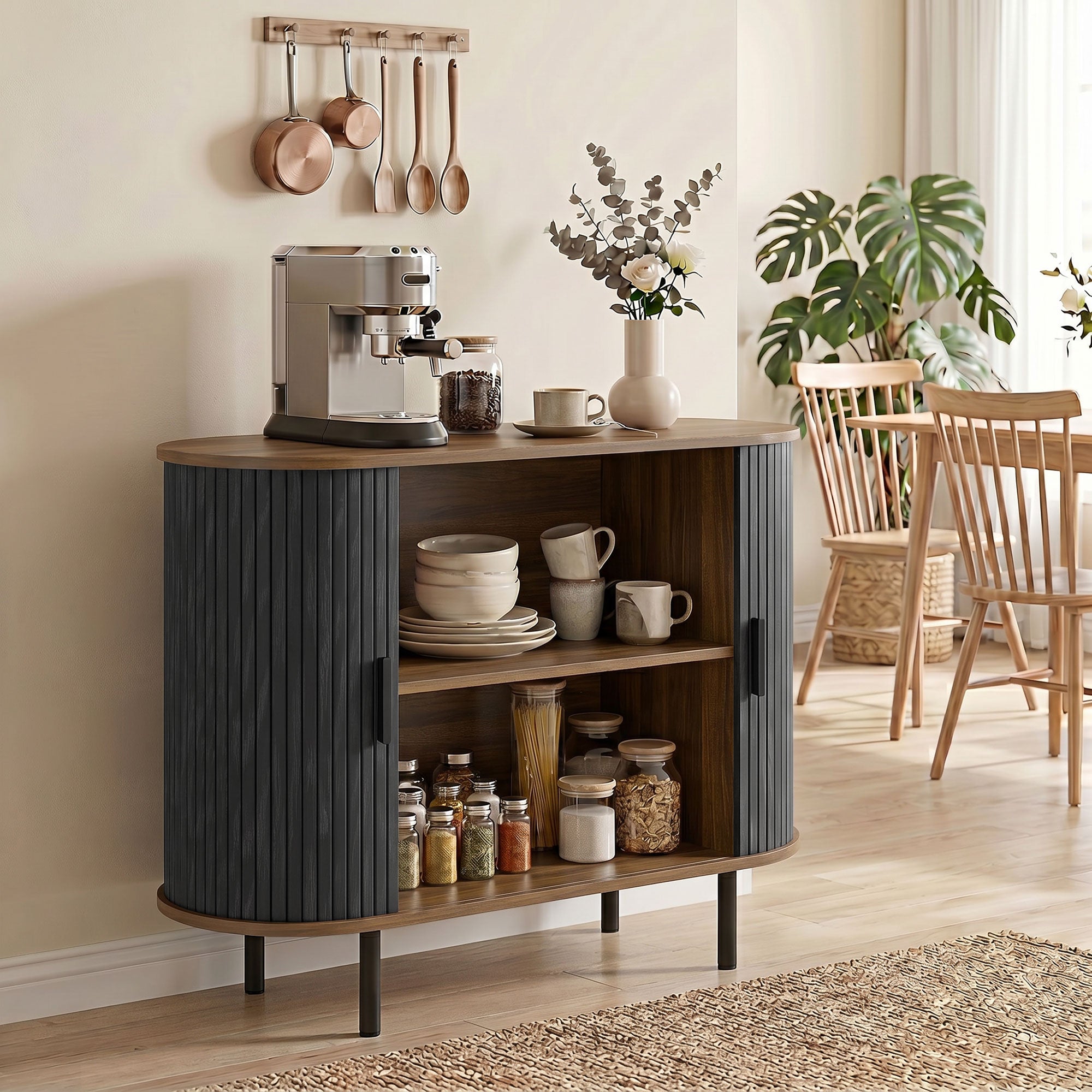 Sideboard Buffet Cabinet with Curved Tambour Doors, 39.4" Farmhouse Coffee Bar Cabinet with Shelves and Side Slots, Brown Wood Grain and Black