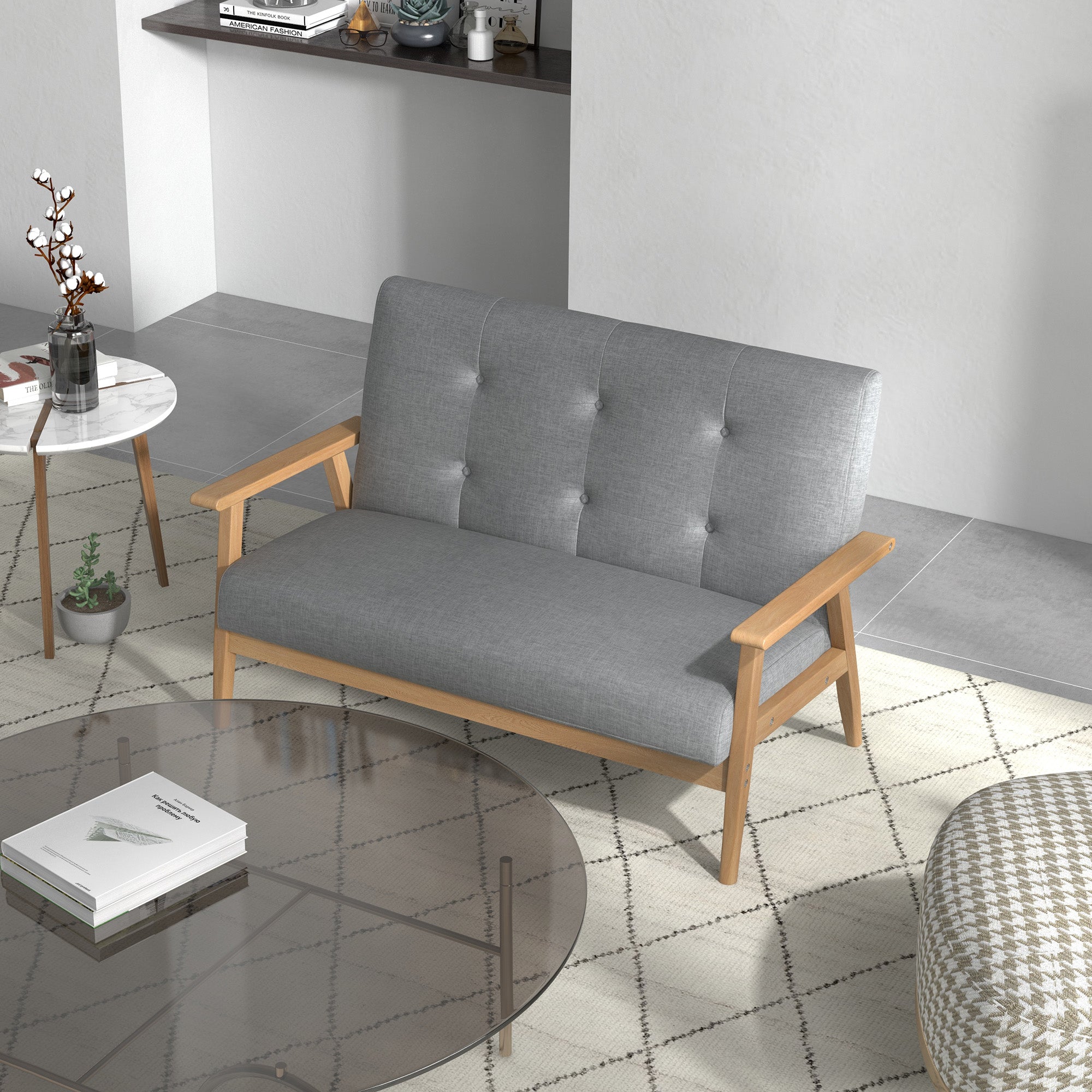 HOMCOM 2 Seater Sofa Modern Linen Fabric Upholstery Tufted Couch with Rubberwood Legs for Living Room and Kitchen, Dark Grey