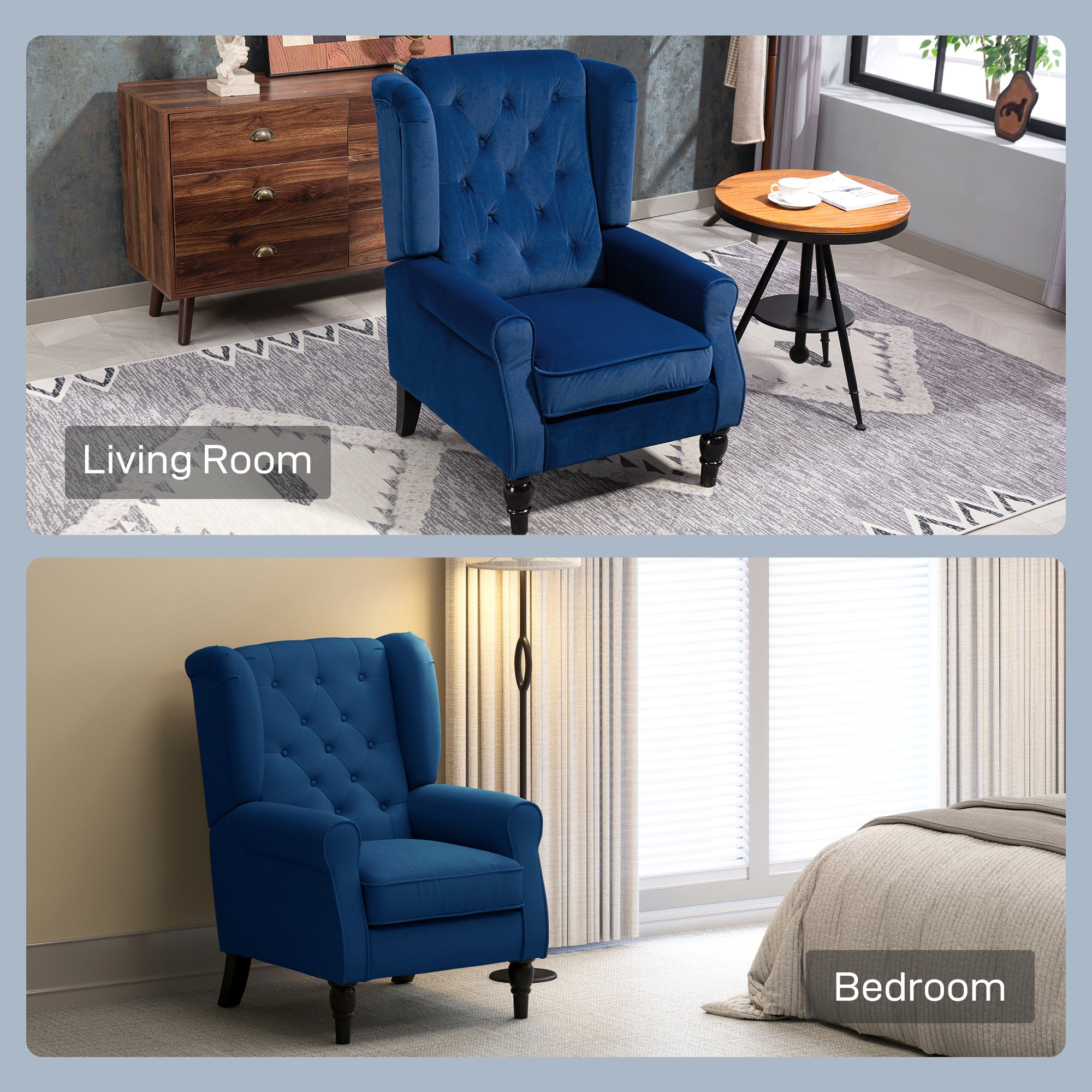 Retro Accent Chair, Velvet Wingback Armchair with Wood Frame Button Tufted Design for Living Room Bedroom, Blue