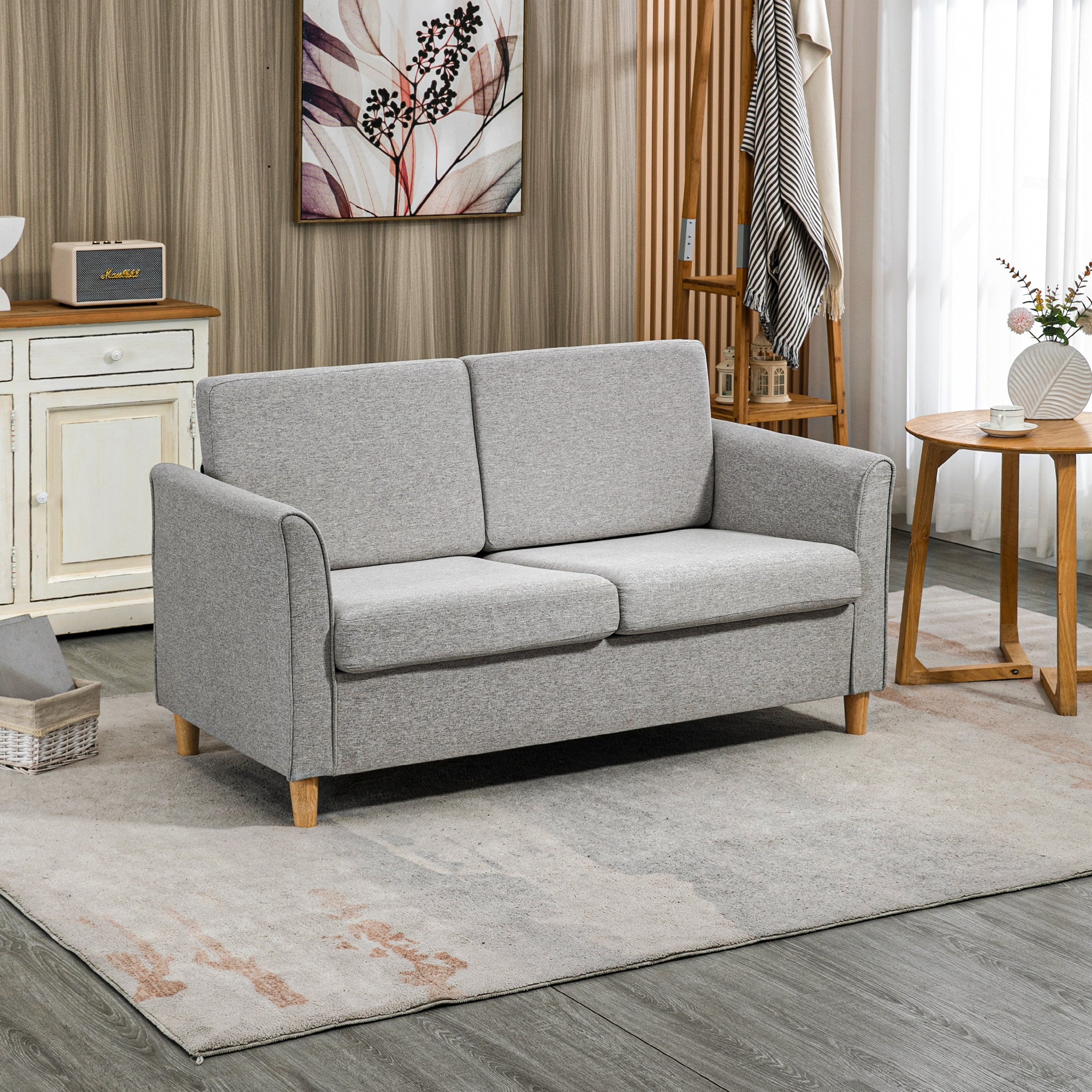 HOMCOM 2 Seater Sofa, Compact Loveseat, Fabric Couch with Wood Legs and Armrest, for Living Room and Home Office Light Grey