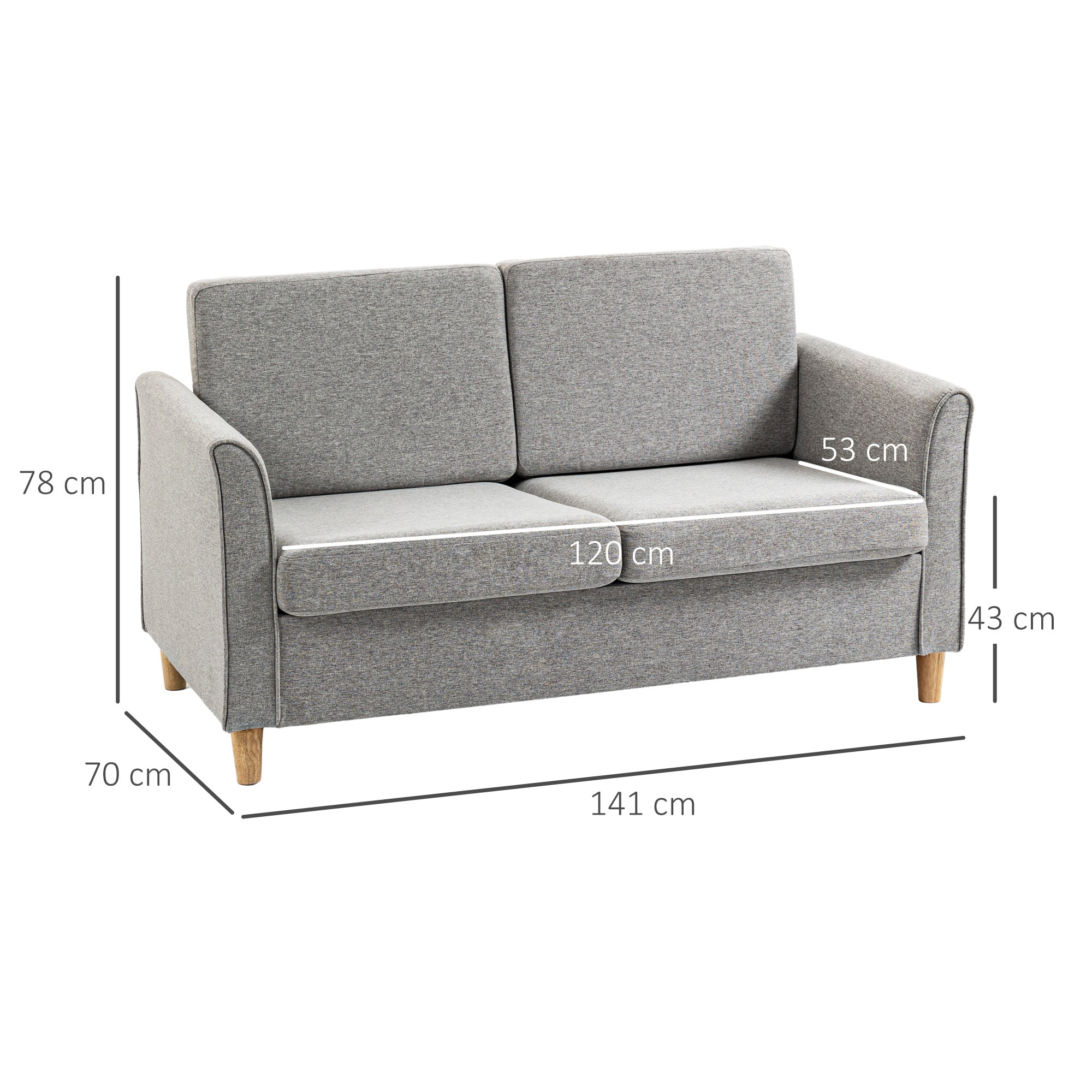 HOMCOM 2 Seater Sofa, Compact Loveseat, Fabric Couch with Wood Legs and Armrest, for Living Room and Home Office Light Grey