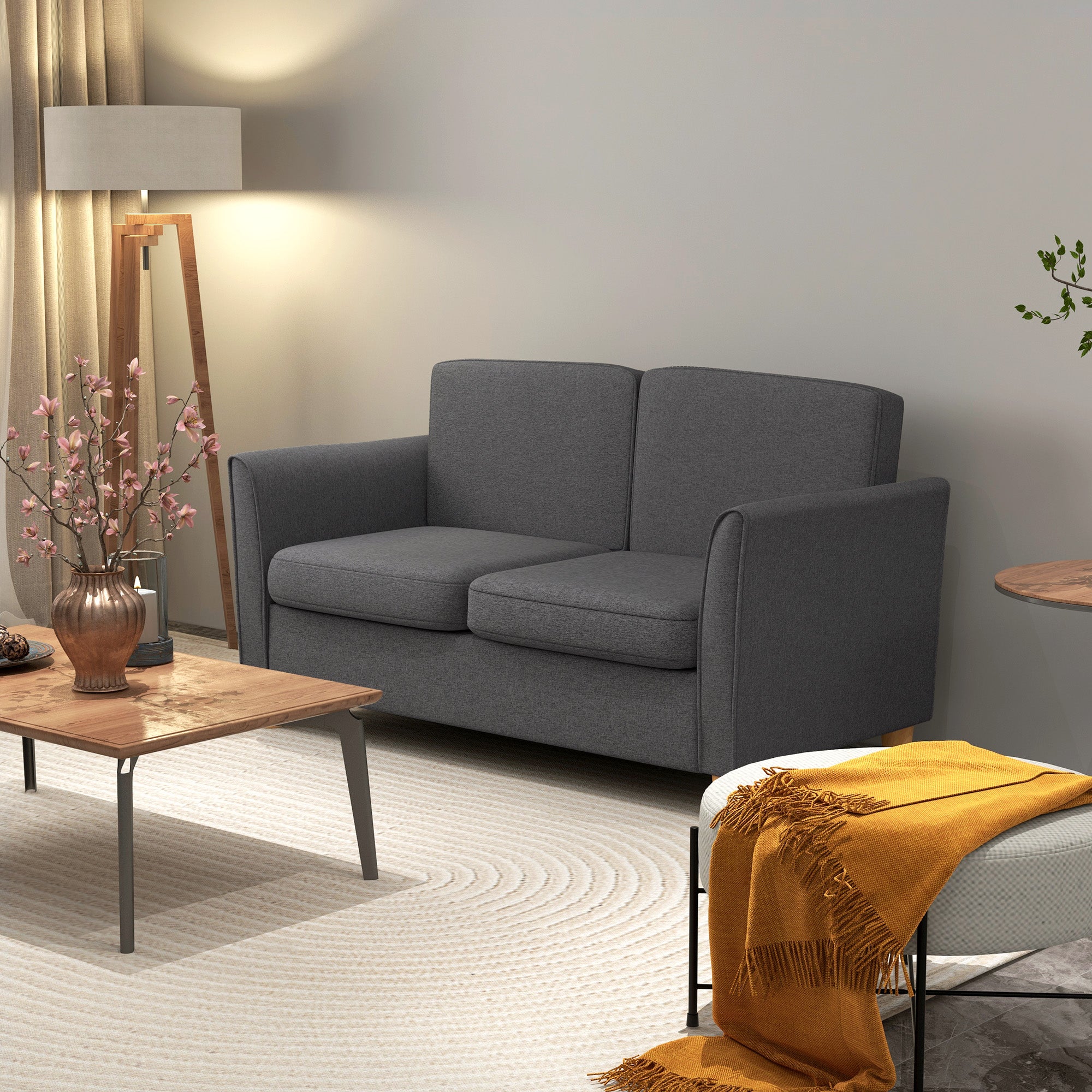 HOMCOM 2 Seater Sofa, Compact Loveseat, Fabric Couch with Wood Legs and Armrest, for Living Room and Home Office Dark Grey