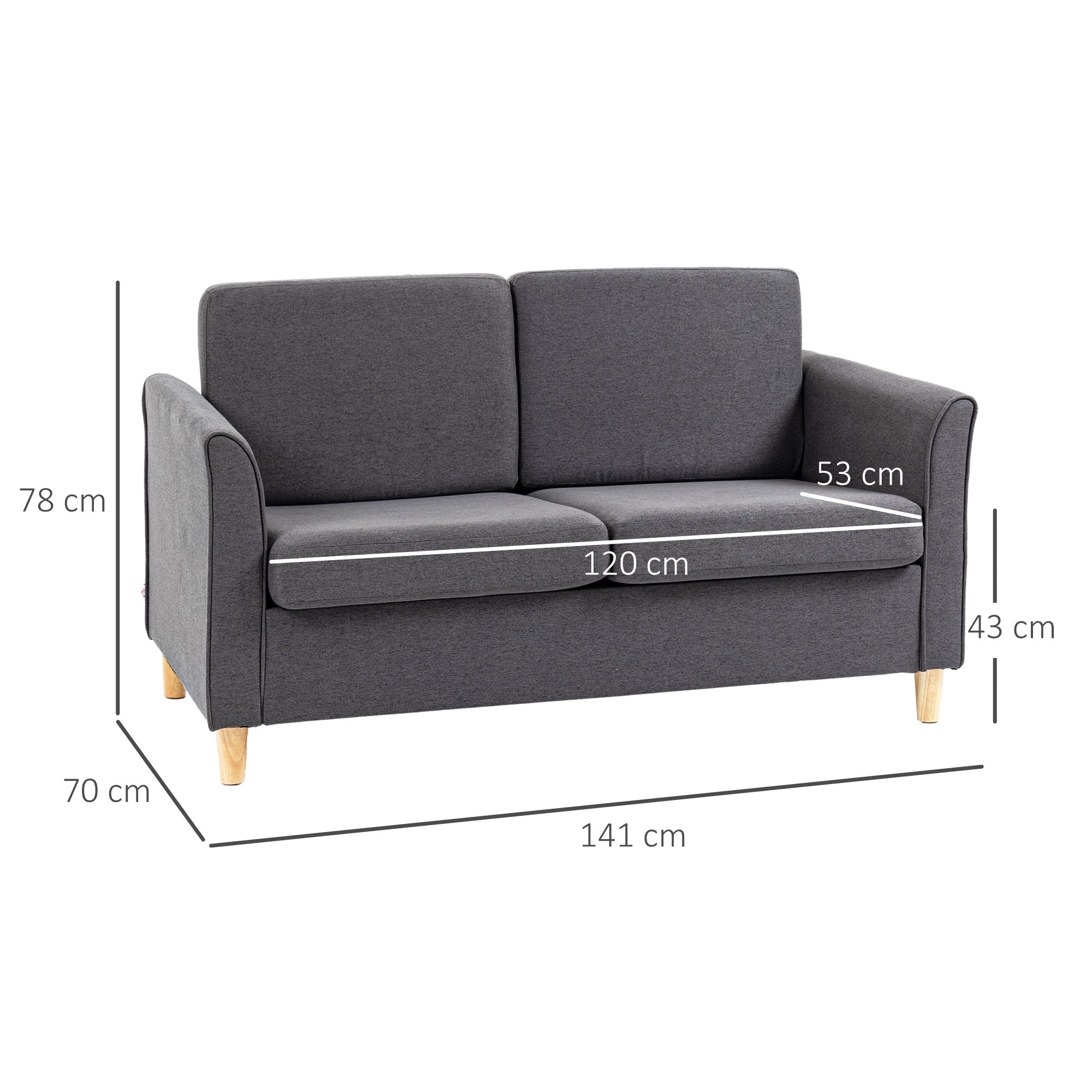 HOMCOM 2 Seater Sofa, Compact Loveseat, Fabric Couch with Wood Legs and Armrest, for Living Room and Home Office Dark Grey