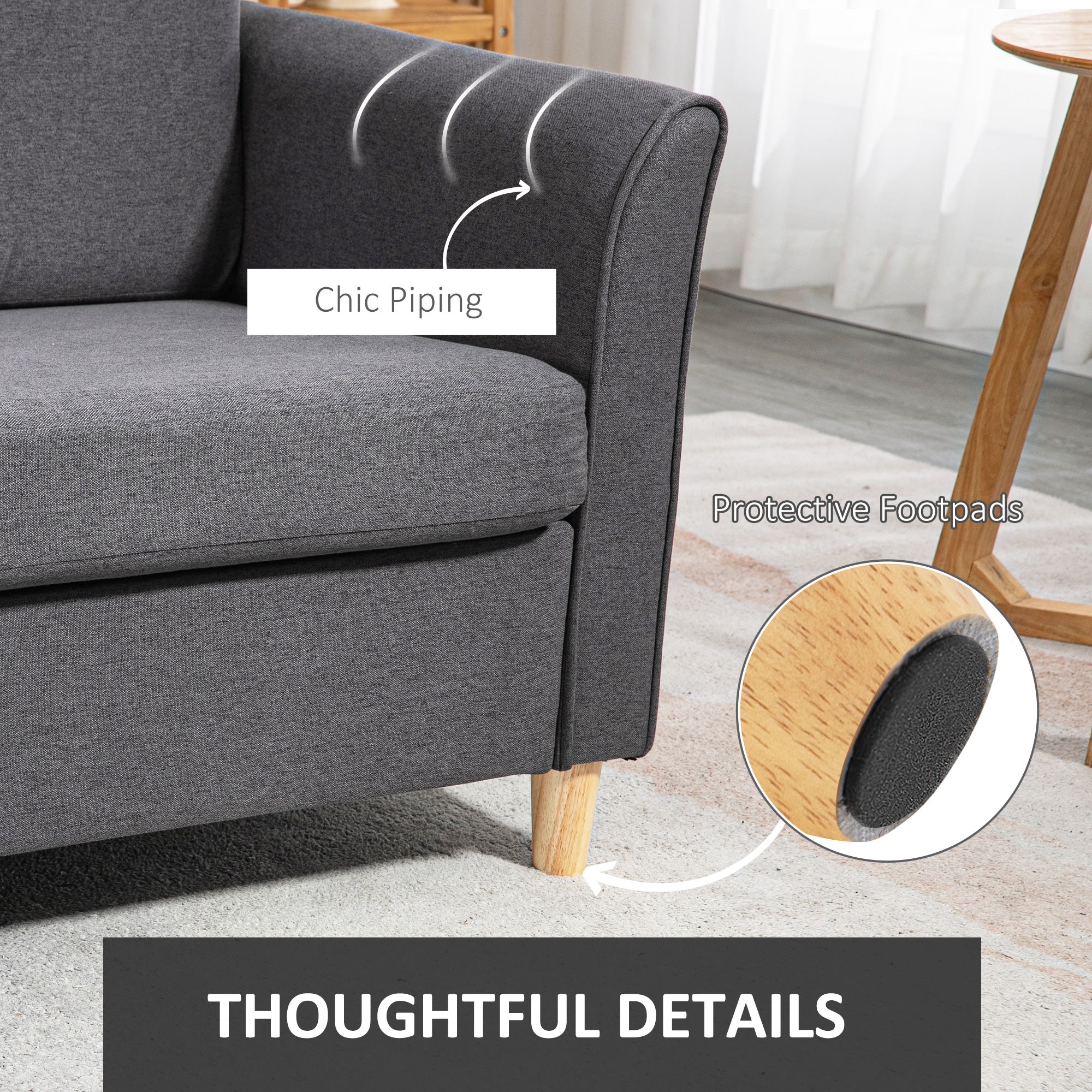 HOMCOM 2 Seater Sofa, Compact Loveseat, Fabric Couch with Wood Legs and Armrest, for Living Room and Home Office Dark Grey