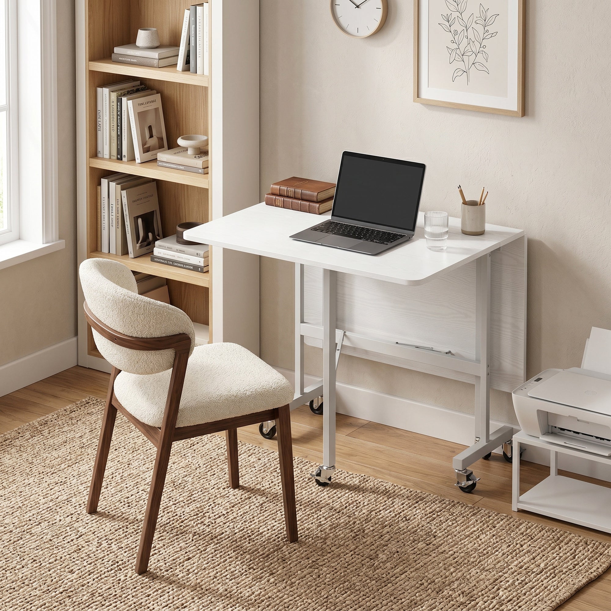 Mobile Drop Leaf Table, Folding Dining Table with 6 Wheels & Brakes, Rolling Kitchen Table for Small Spaces, 47.2", White