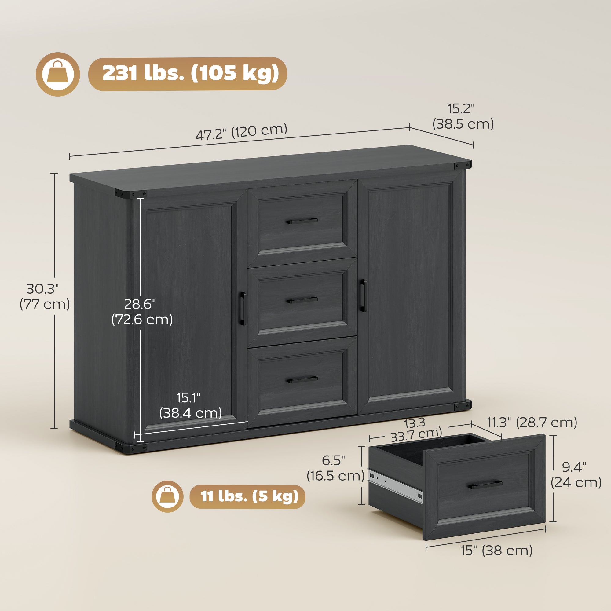 Modern Sideboard Buffet Cabinet with 3 Drawers and 2 Doors, 47" Coffee Bar Cabinet with Adjustable Shelves for Kitchen, Black Wood Grain