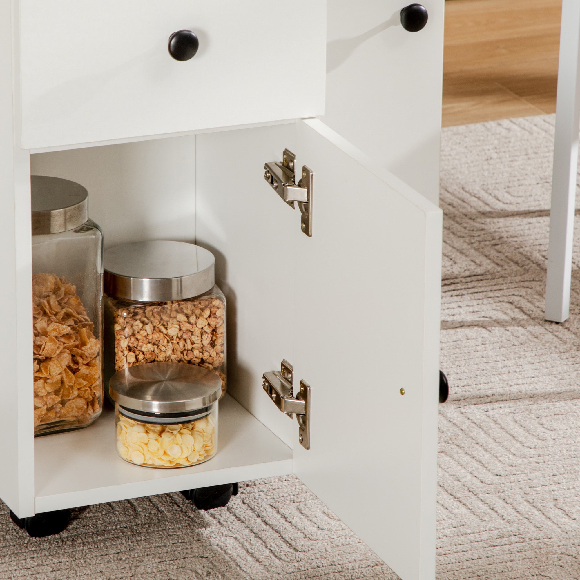 HOMCOM Folding Dining Table for 4-6, Rolling Drop Leaf Table with Storage Drawers, Cabinet and Open Shelf, Extendable Kitchen Table on Wheels, White