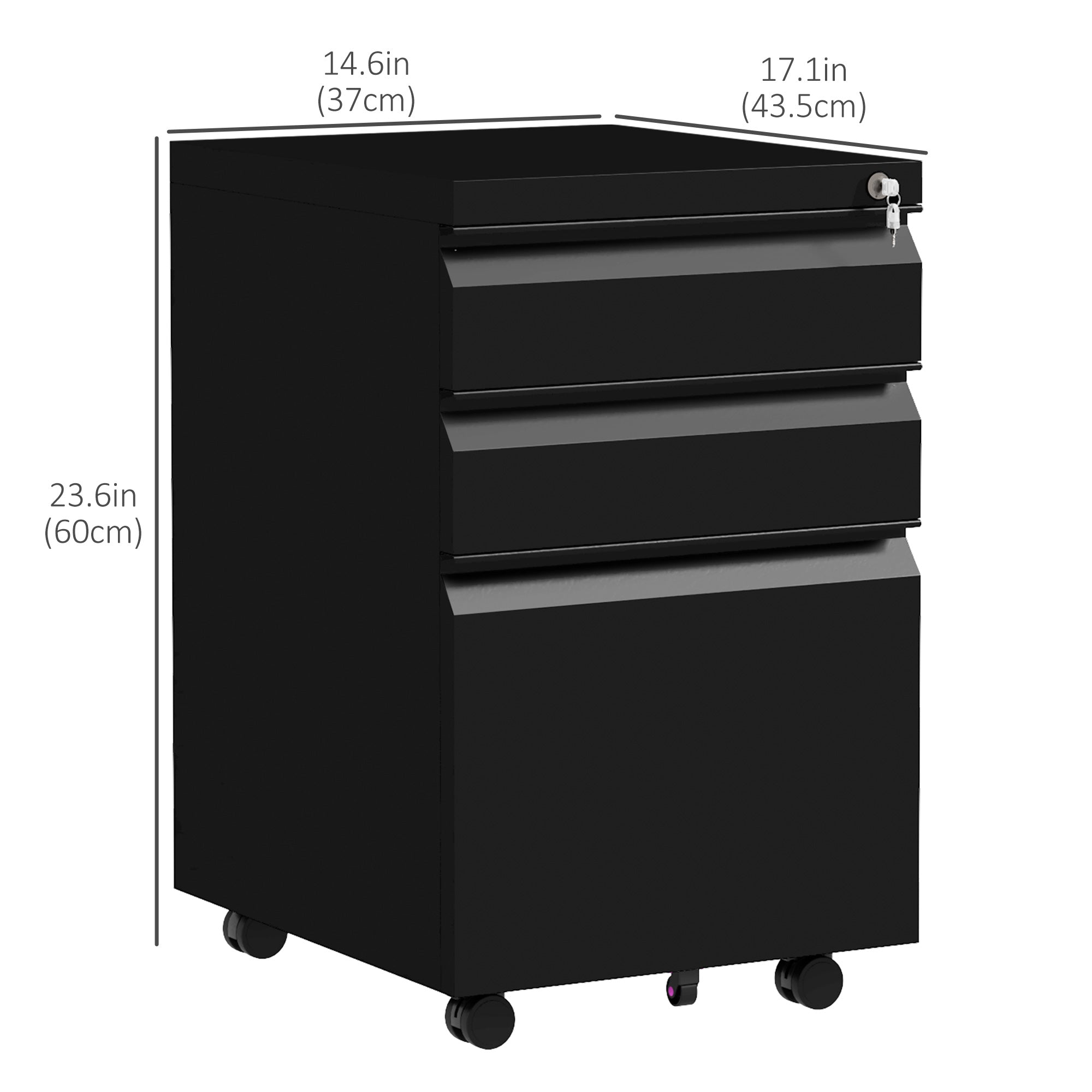 Vinsetto Mobile Vertical Filing Cabinet with Lock, 3-Drawer Steel File Cabinet with Adjustable Hanging Bar for Letter, A4 and Legal Size, Black