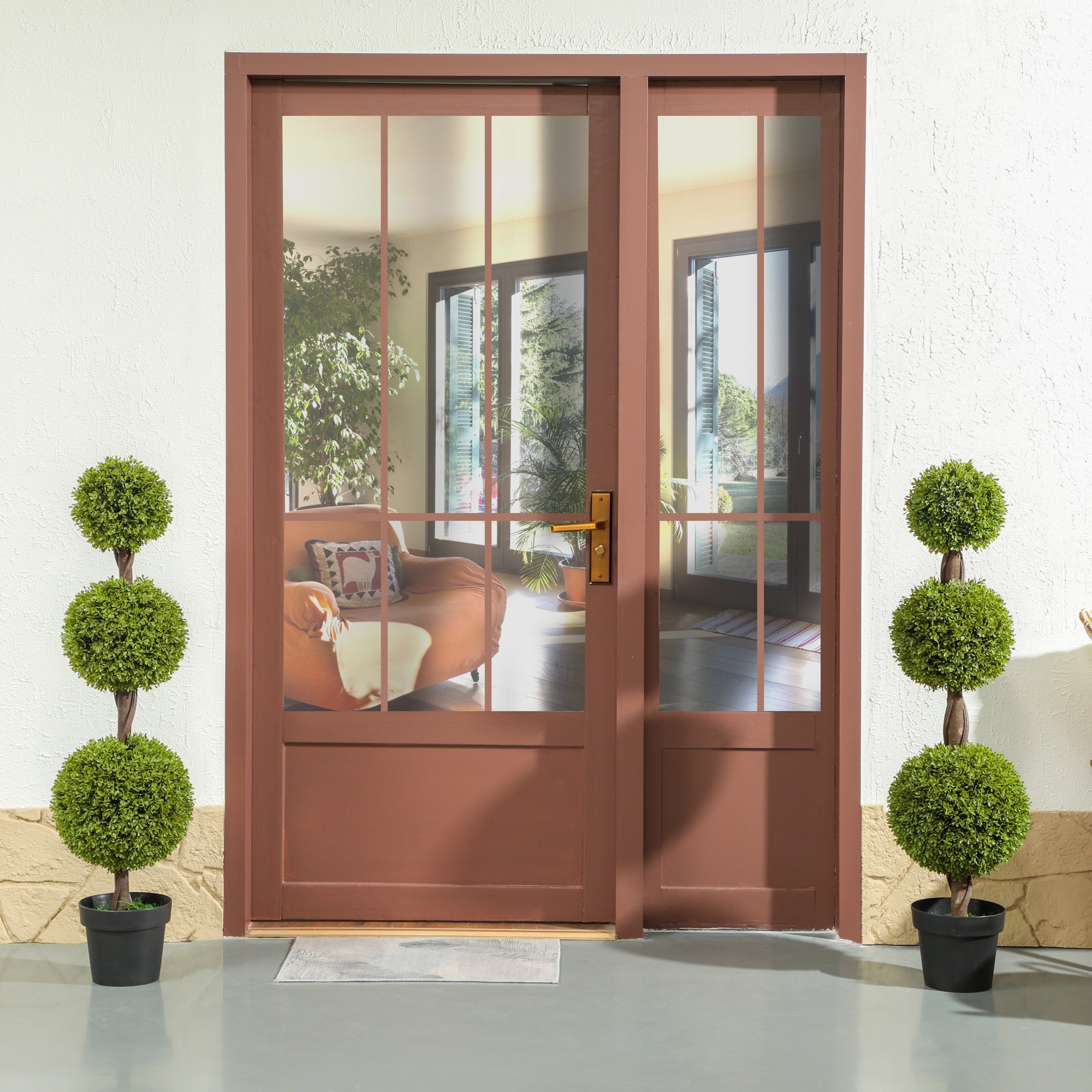 Artificial Boxwood Topiary Tree Set of 2, 45.3" Faux Boxwood Ball Tree in Pot, Fake Plant for Indoor Outdoor Decor, Green