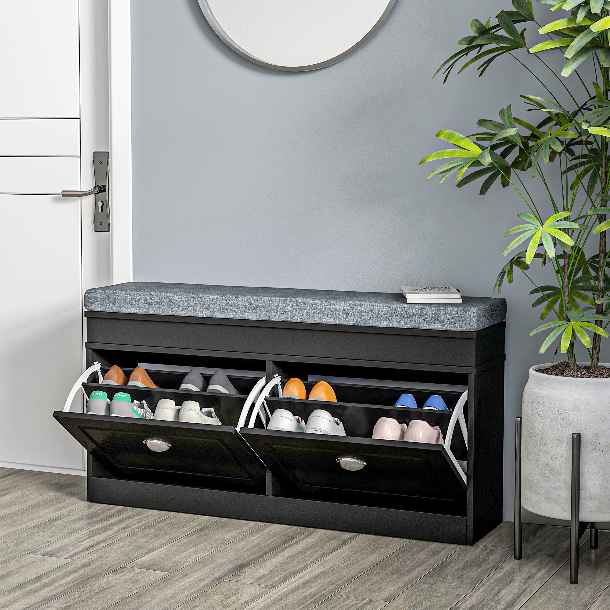 Modern Shoe Storage Bench w/ Cushion & 2 Drawers, Entryway Bench, Holds 8 Pairs, Black