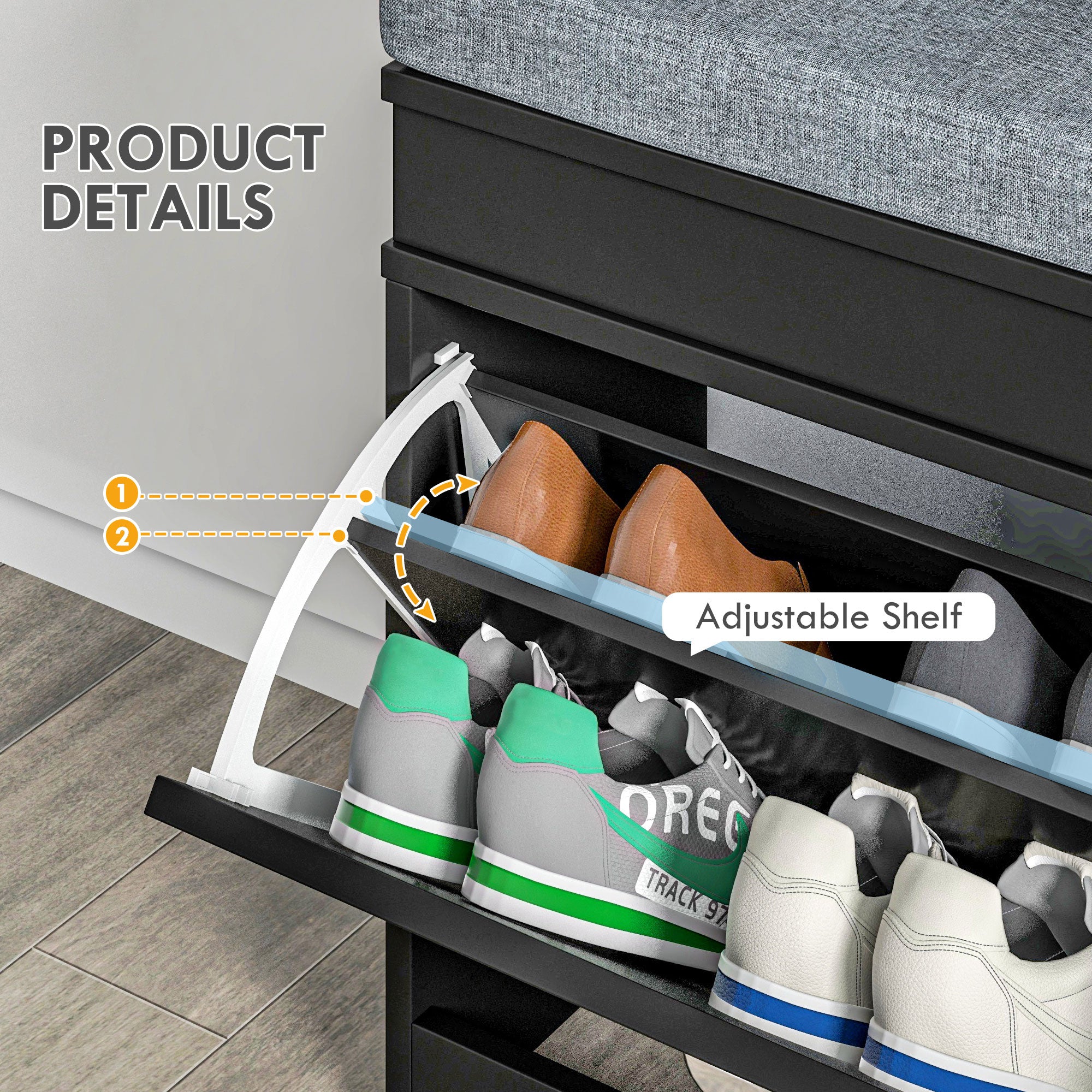 Modern Shoe Storage Bench w/ Cushion & 2 Drawers, Entryway Bench, Holds 8 Pairs, Black