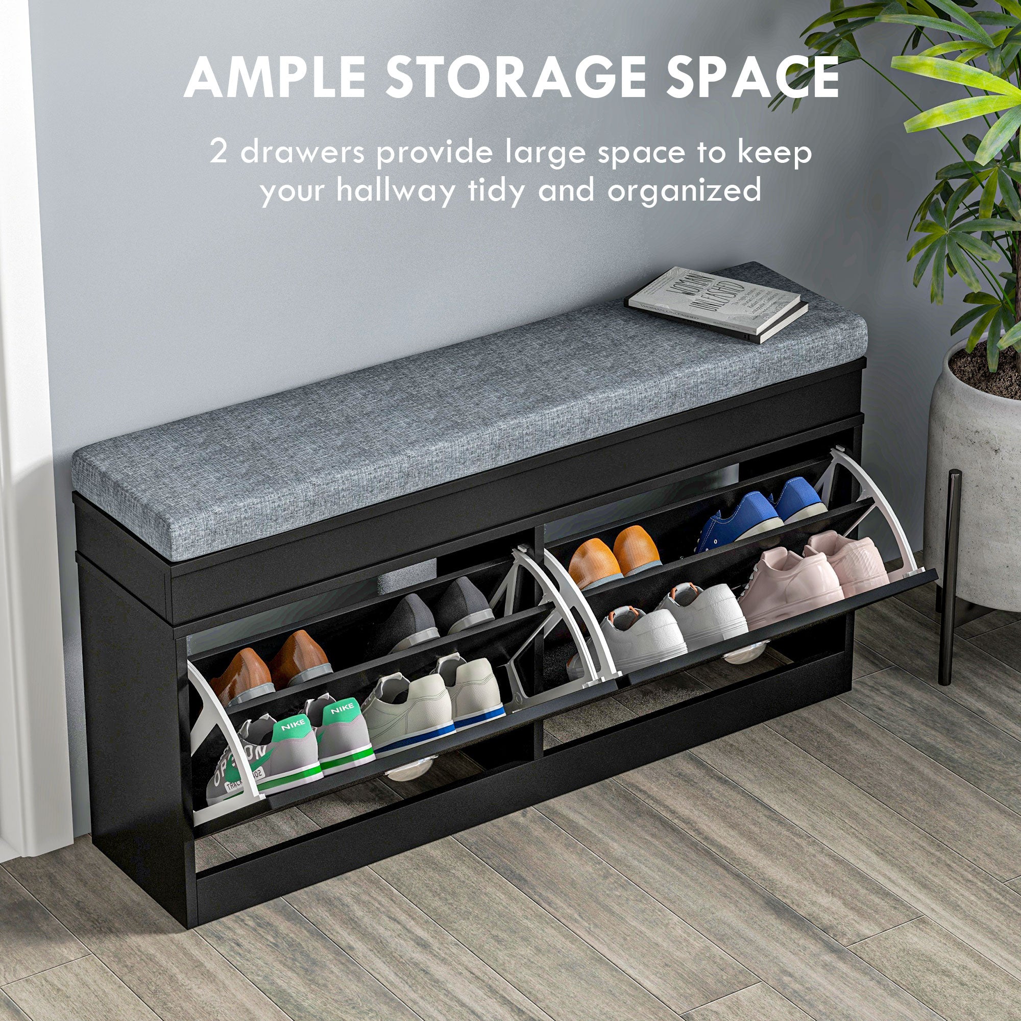 Modern Shoe Storage Bench w/ Cushion & 2 Drawers, Entryway Bench, Holds 8 Pairs, Black