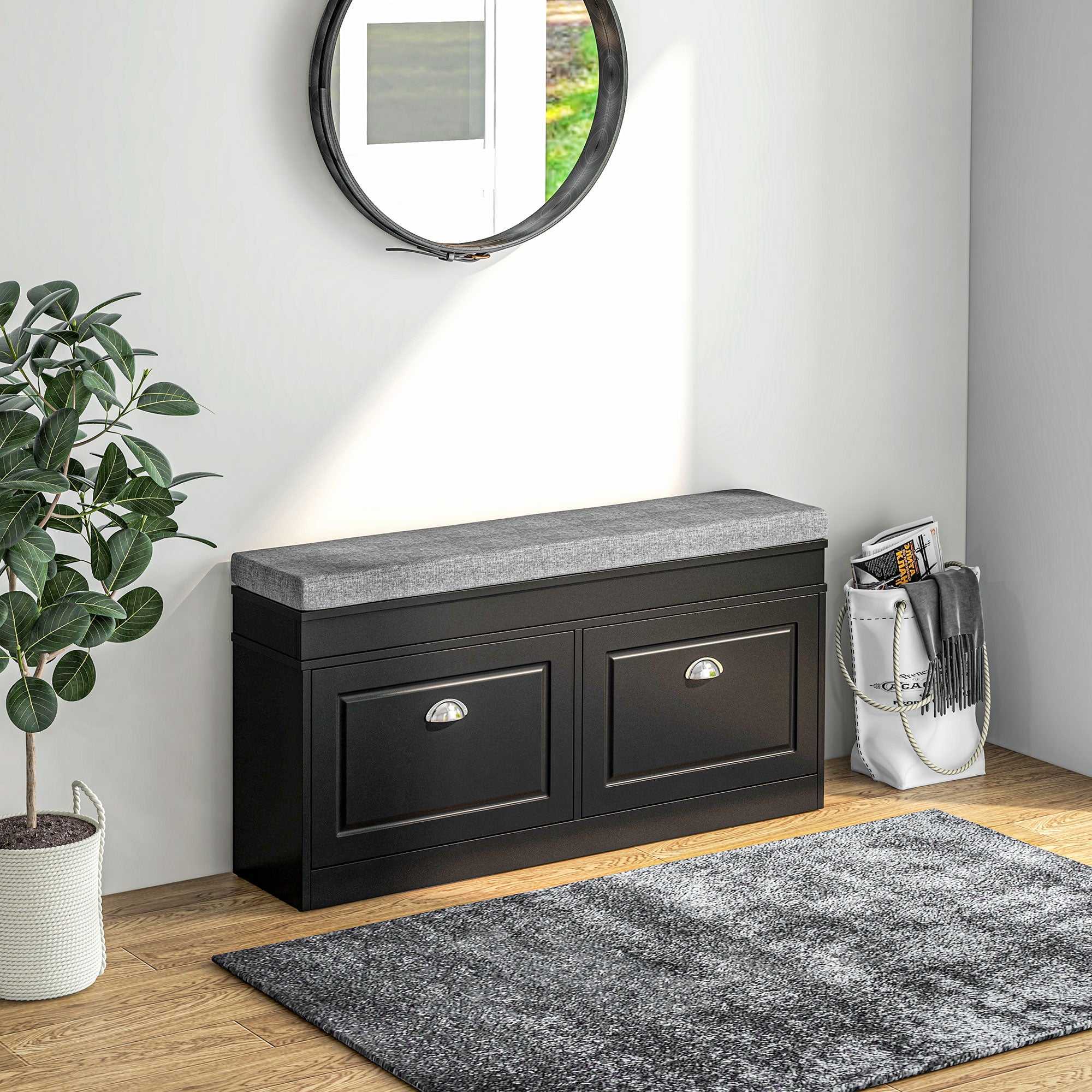 Modern Shoe Storage Bench w/ Cushion & 2 Drawers, Entryway Bench, Holds 8 Pairs, Black