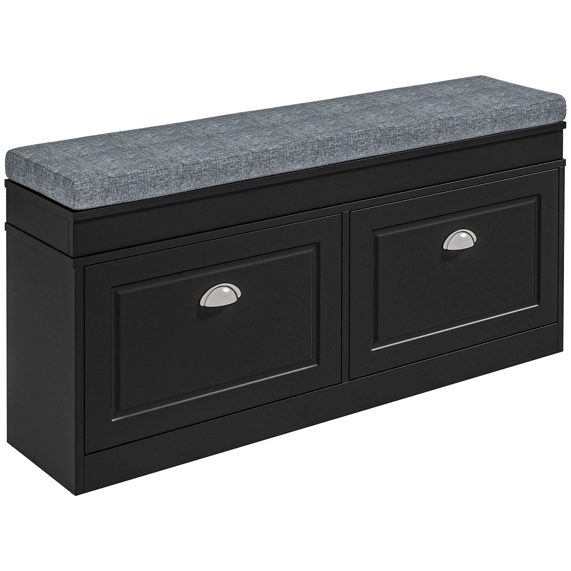 Modern Shoe Storage Bench w/ Cushion & 2 Drawers, Entryway Bench, Holds 8 Pairs, Black
