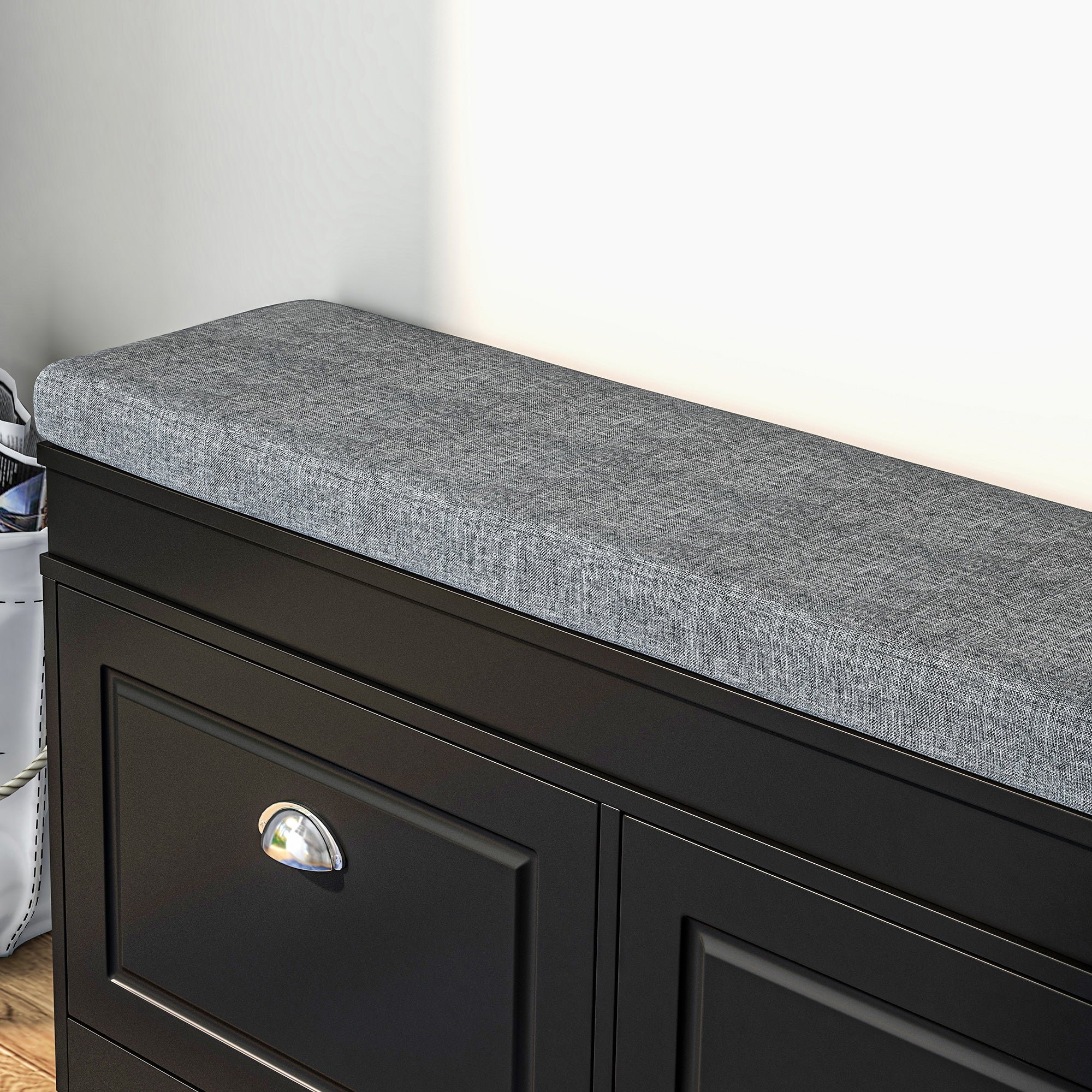 Modern Shoe Storage Bench w/ Cushion & 2 Drawers, Entryway Bench, Holds 8 Pairs, Black