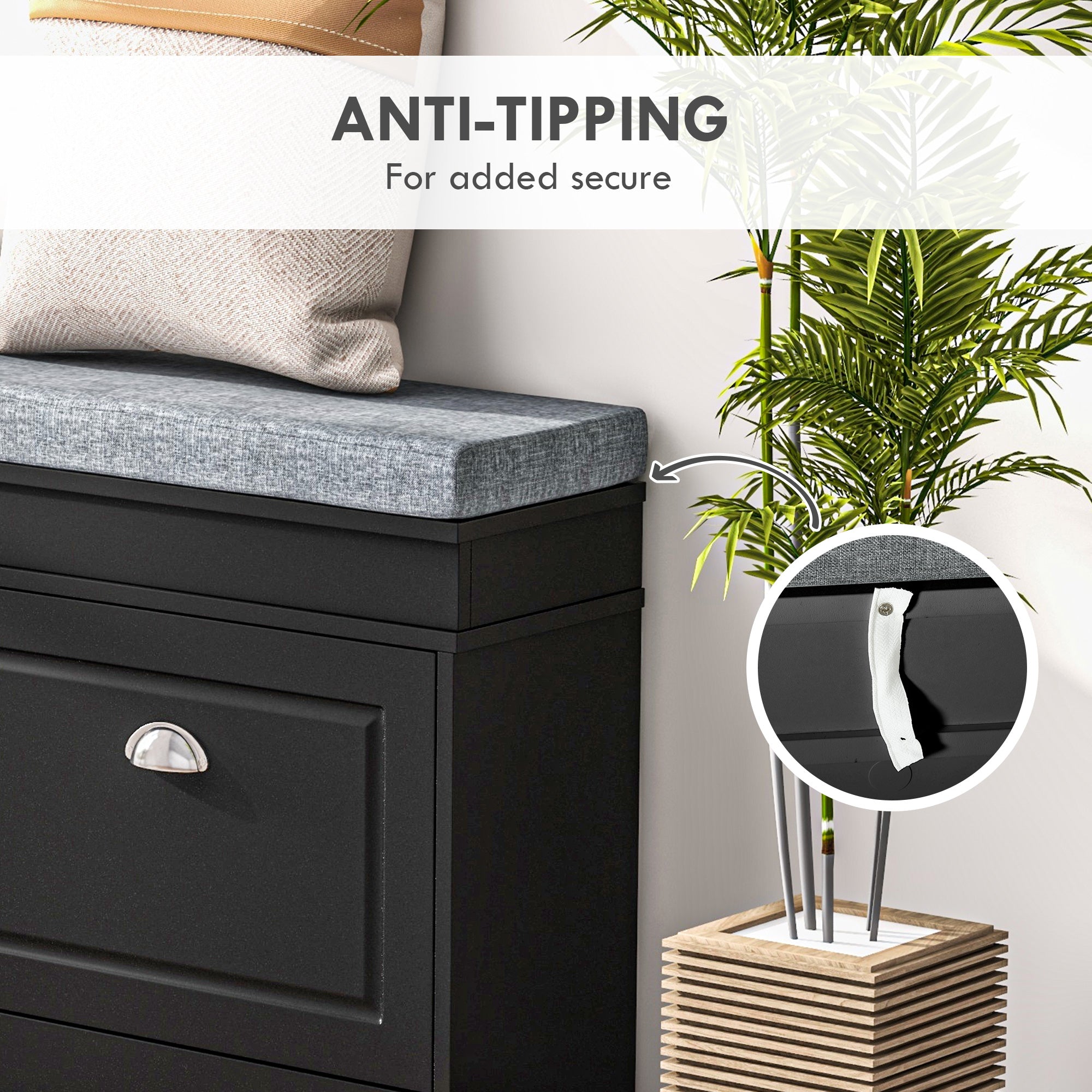 Modern Shoe Storage Bench w/ Cushion & 2 Drawers, Entryway Bench, Holds 8 Pairs, Black