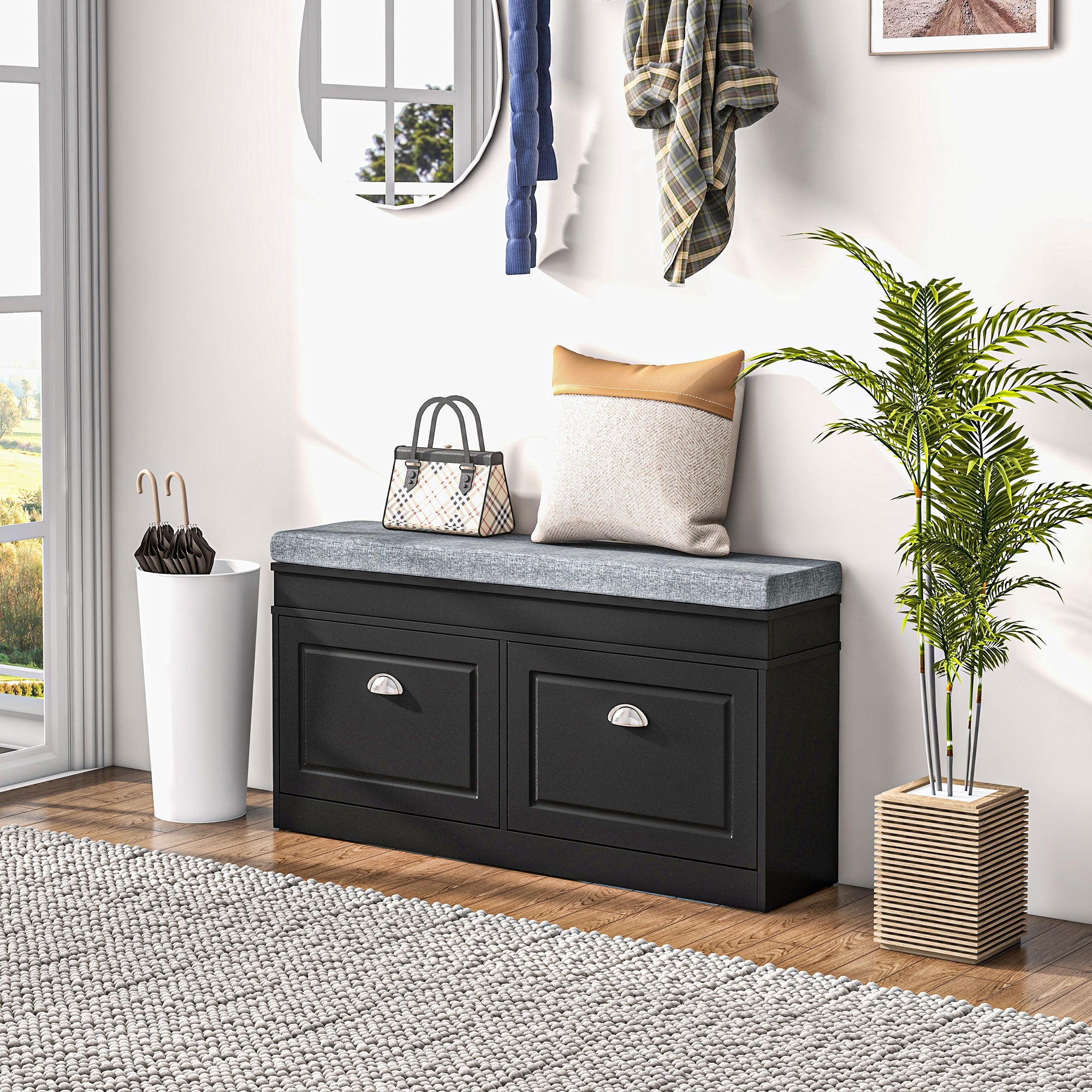 Modern Shoe Storage Bench w/ Cushion & 2 Drawers, Entryway Bench, Holds 8 Pairs, Black