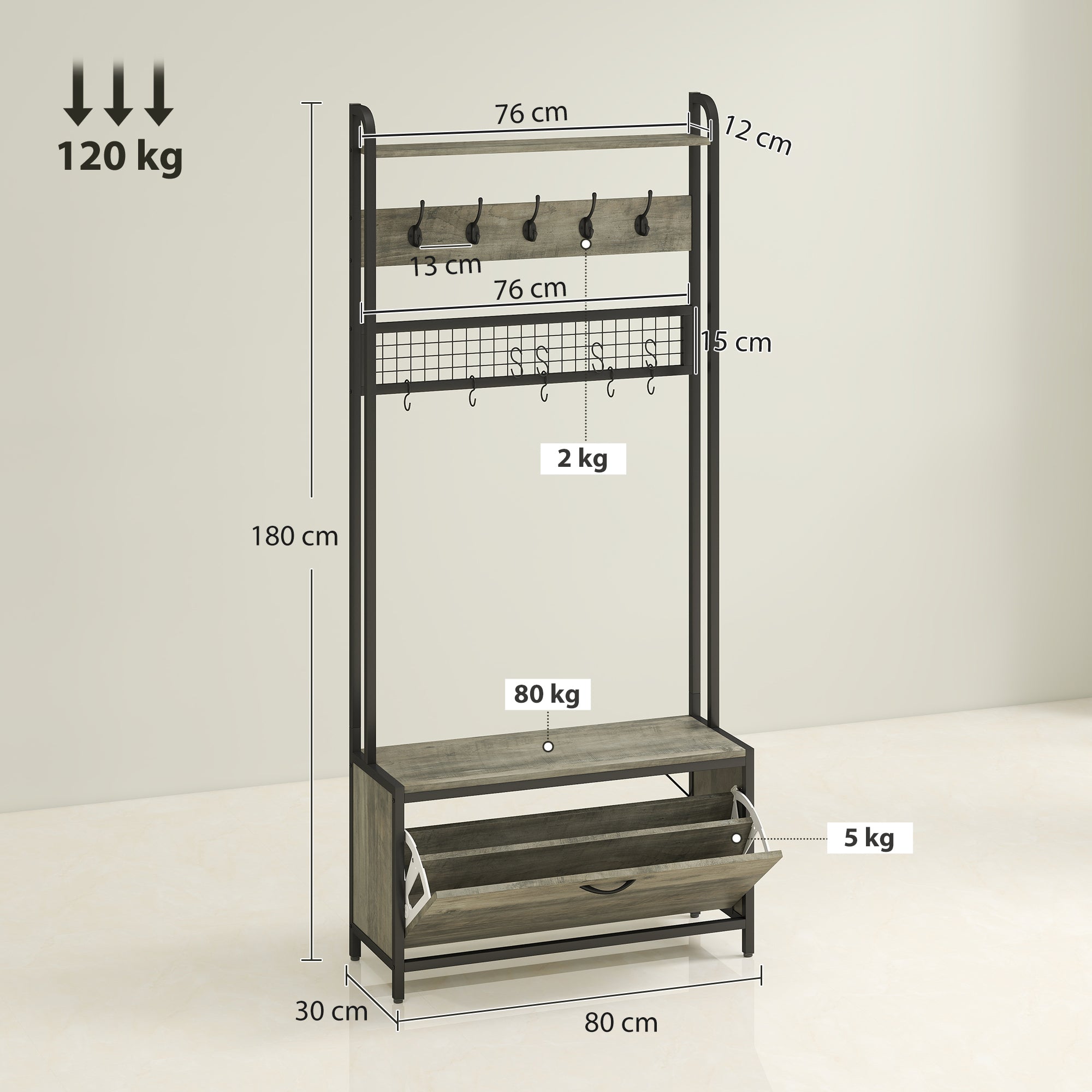 Coat Rack with Shoe Storage Bench and Grid Panel, Hall Tree, 5-In-1 Industrial Coat Rack Stand with Shoe Cabinet and 10 Hooks for Hallway, Entryway, Living Room, Grey