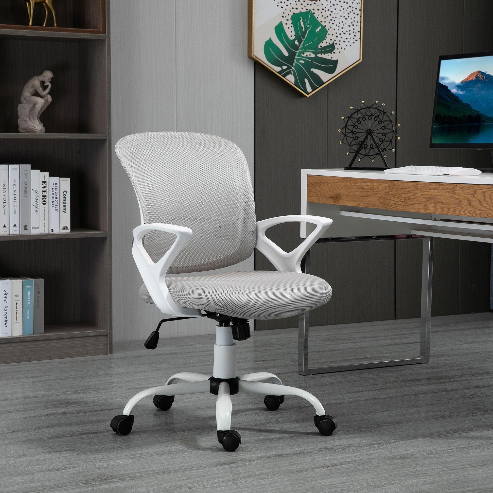 Ergonomic Mesh Office Chair, Swivel Mid Back Computer Desk Chair with Lumbar Back Support, Adjustable Height, Rocking Function, Rolling Wheels, for Home Office Study, Gray