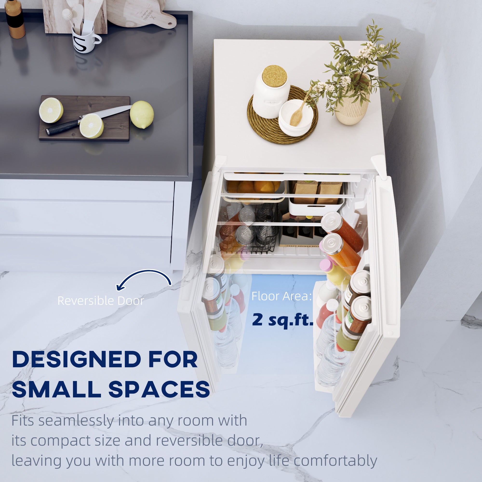 HOMCOM 4.5 Cu.Ft Mini Fridge with Freezer, Single Door Compact Refrigerator with Adjustable Thermostat, Reversible Door, Mini Refrigerator for Bedroom, Dorm, Home Office, Energy Efficient, White