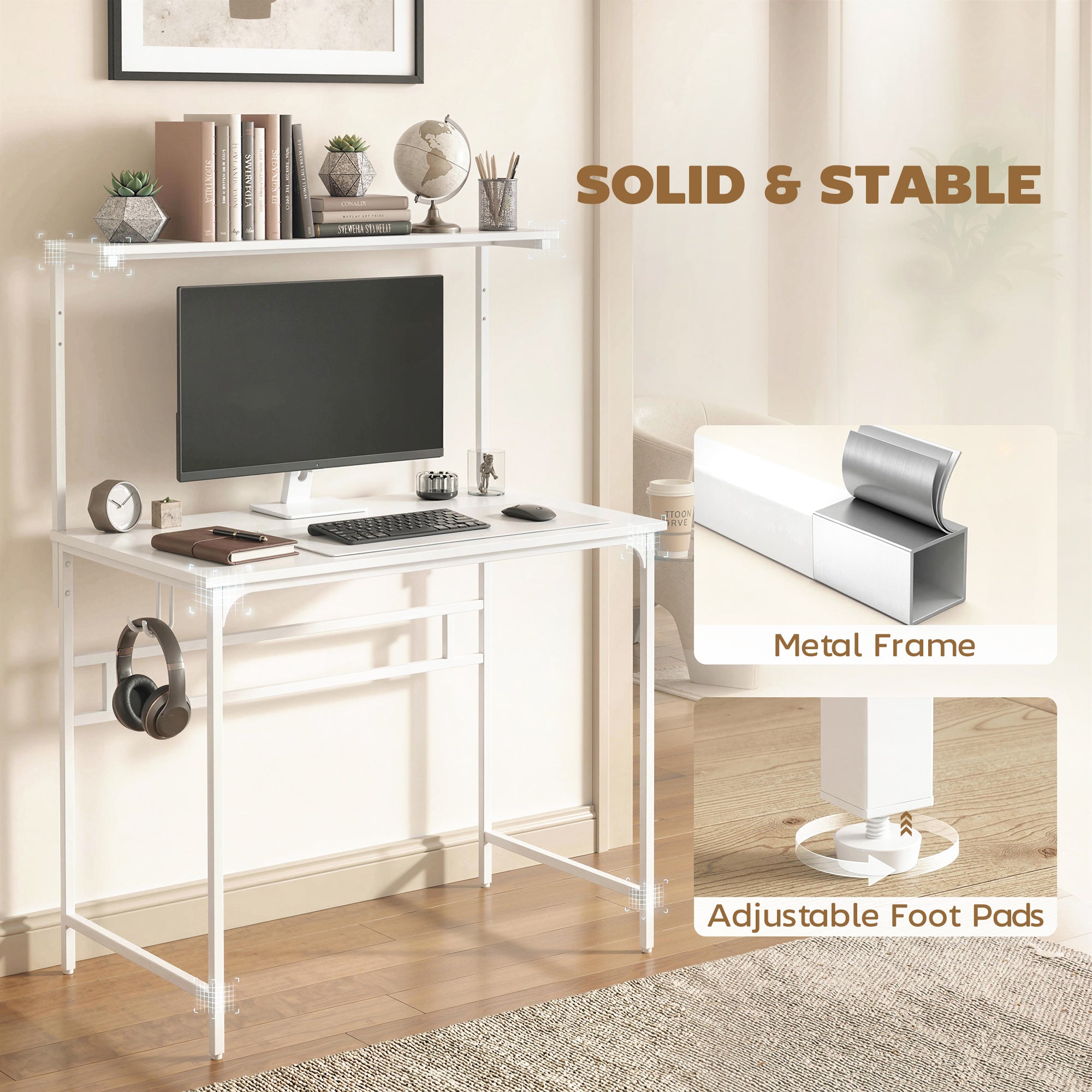 Computer Desk, 80cm Home Office Study Table with Hutch Shelf, Cup Holder, Headphone Hook, Metal Frame, Space Saving Writing Desk, White