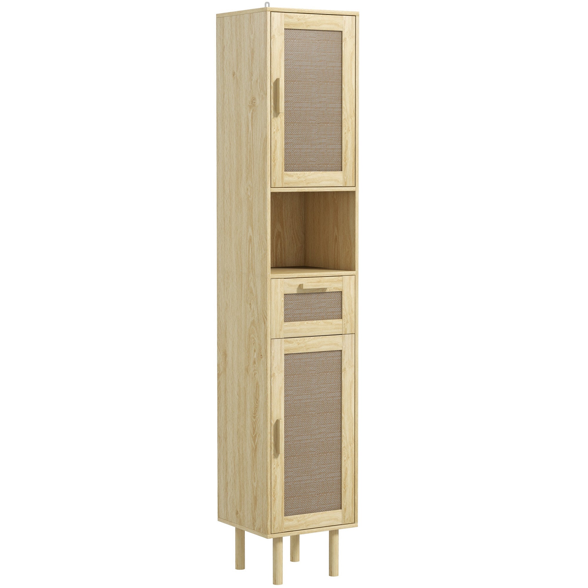 Tall Bathroom Cabinet with Rattan Doors Freestanding Storage with Drawer Oak