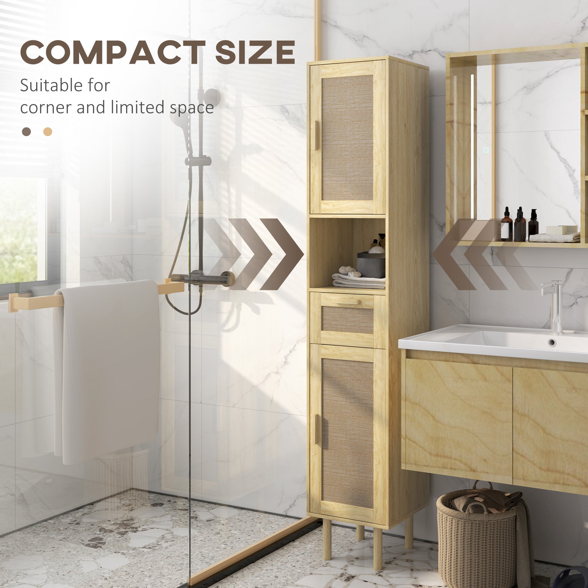 Tall Bathroom Cabinet with Rattan Doors Freestanding Storage with Drawer Oak - HOMCOM