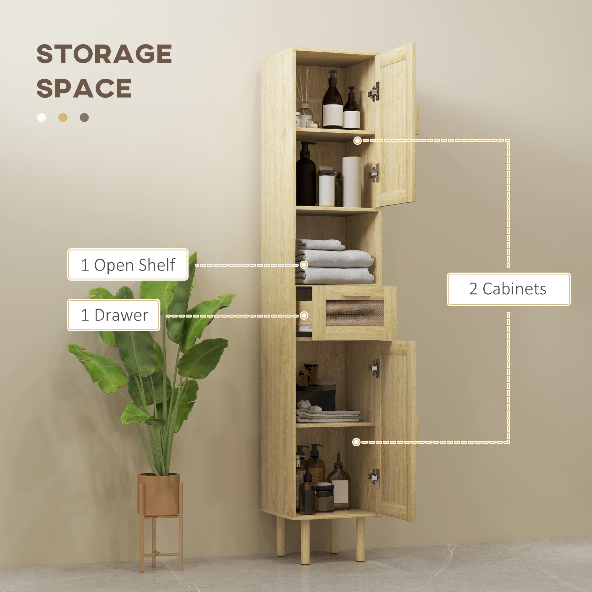 Tall Bathroom Cabinet with Rattan Doors Freestanding Storage with Drawer Oak - HOMCOM