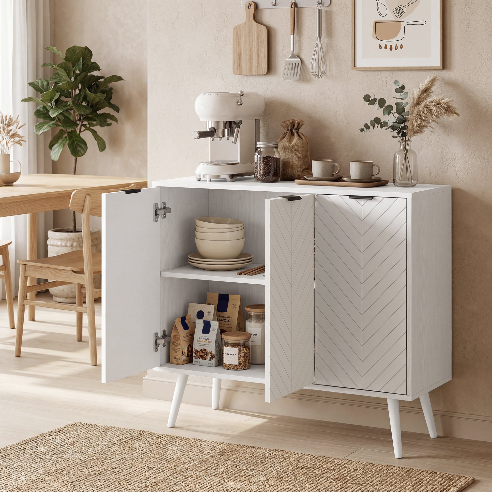 Modern Sideboard Buffet Cabinet, 36" Kitchen Storage Cabinet with 3 Doors and 2 Adjustable Shelves, Coffee Bar Station, White