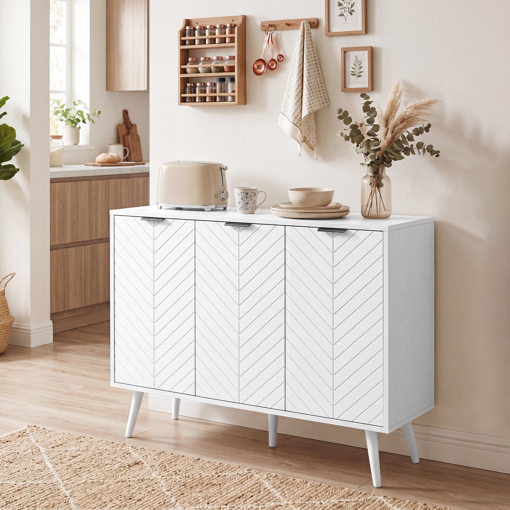 Modern Sideboard Buffet Cabinet, 36" Kitchen Storage Cabinet with 3 Doors and 2 Adjustable Shelves, Coffee Bar Station, White