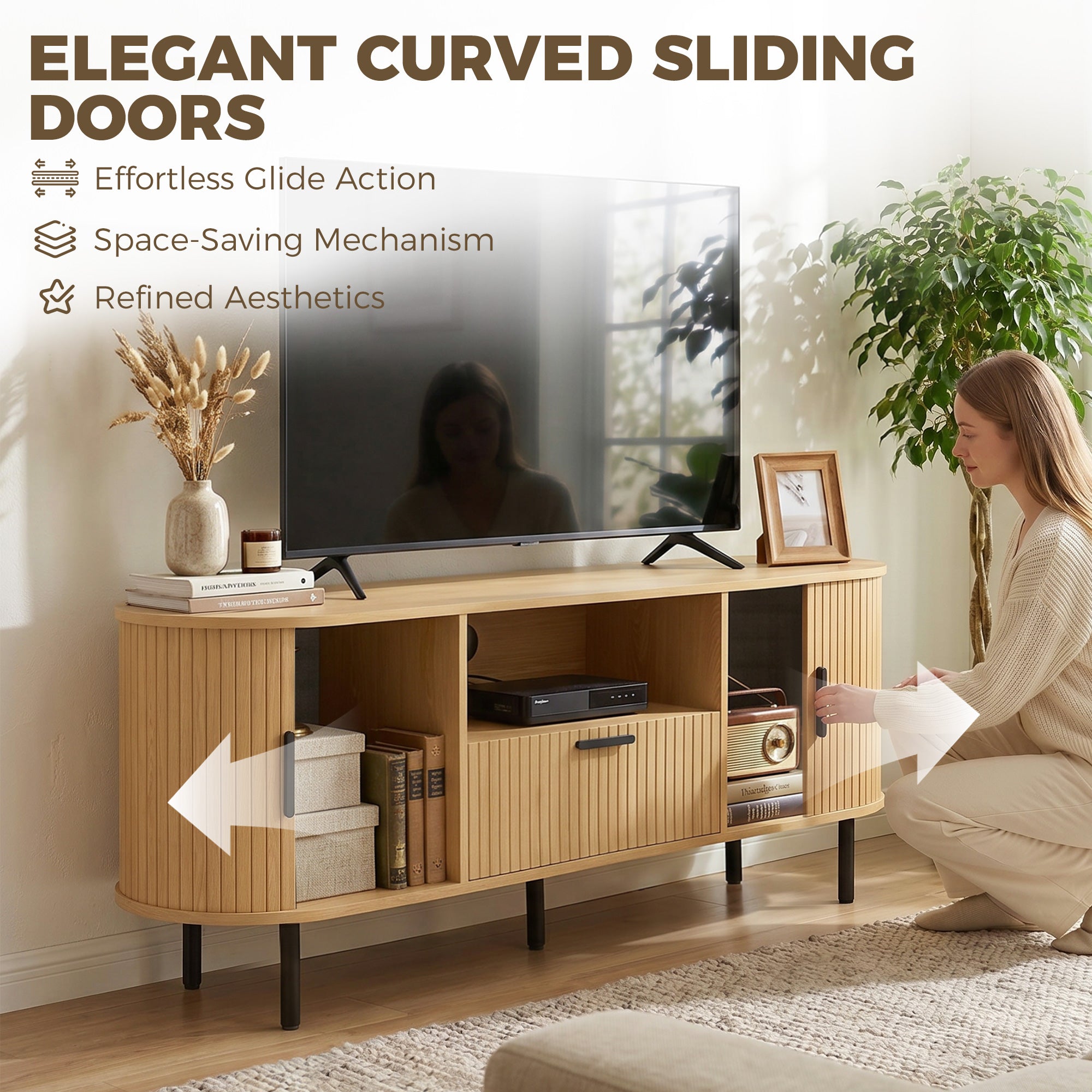 TV Stand for TVs up to 60", Modern Entertainment Center with Curved Sliding Doors, Media Console with Drawer, Cabinet and Shelf, Natural Wood