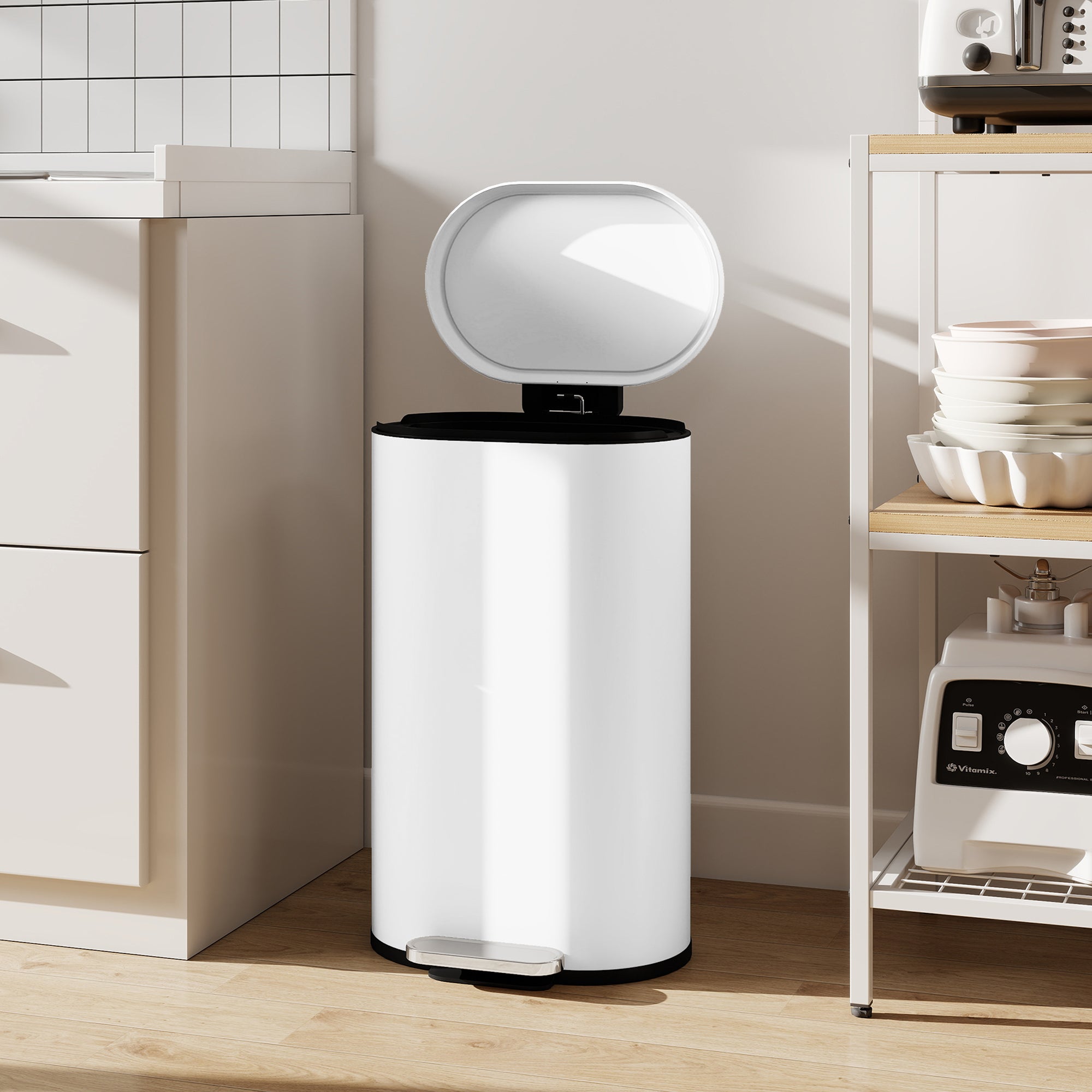 30L Kitchen Bin with 90° Stay-Open Lid, Slim Rectangular Pedal Bin with Soft-Close Lid, Removable Inner Bucket for Home Office, Fingerprint-Resistant, White