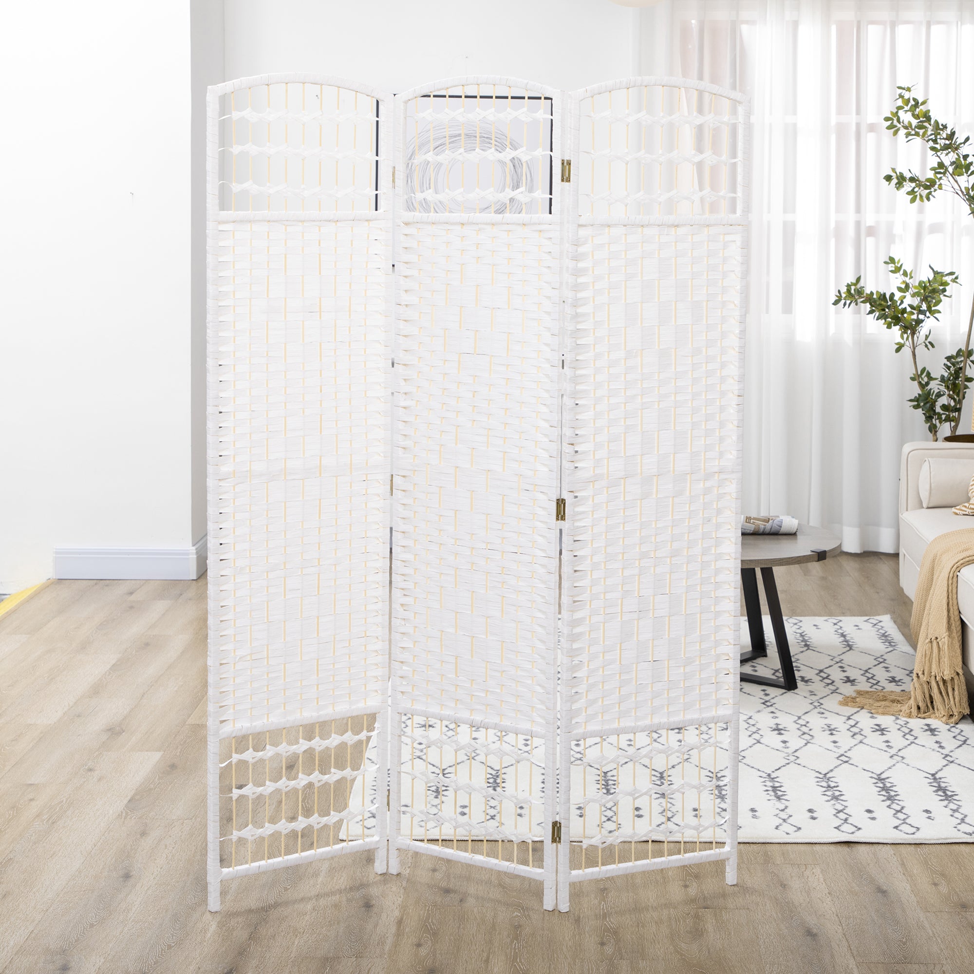 3 Panel Folding Room Divider, Portable Privacy Screen, Wave Fiber, White